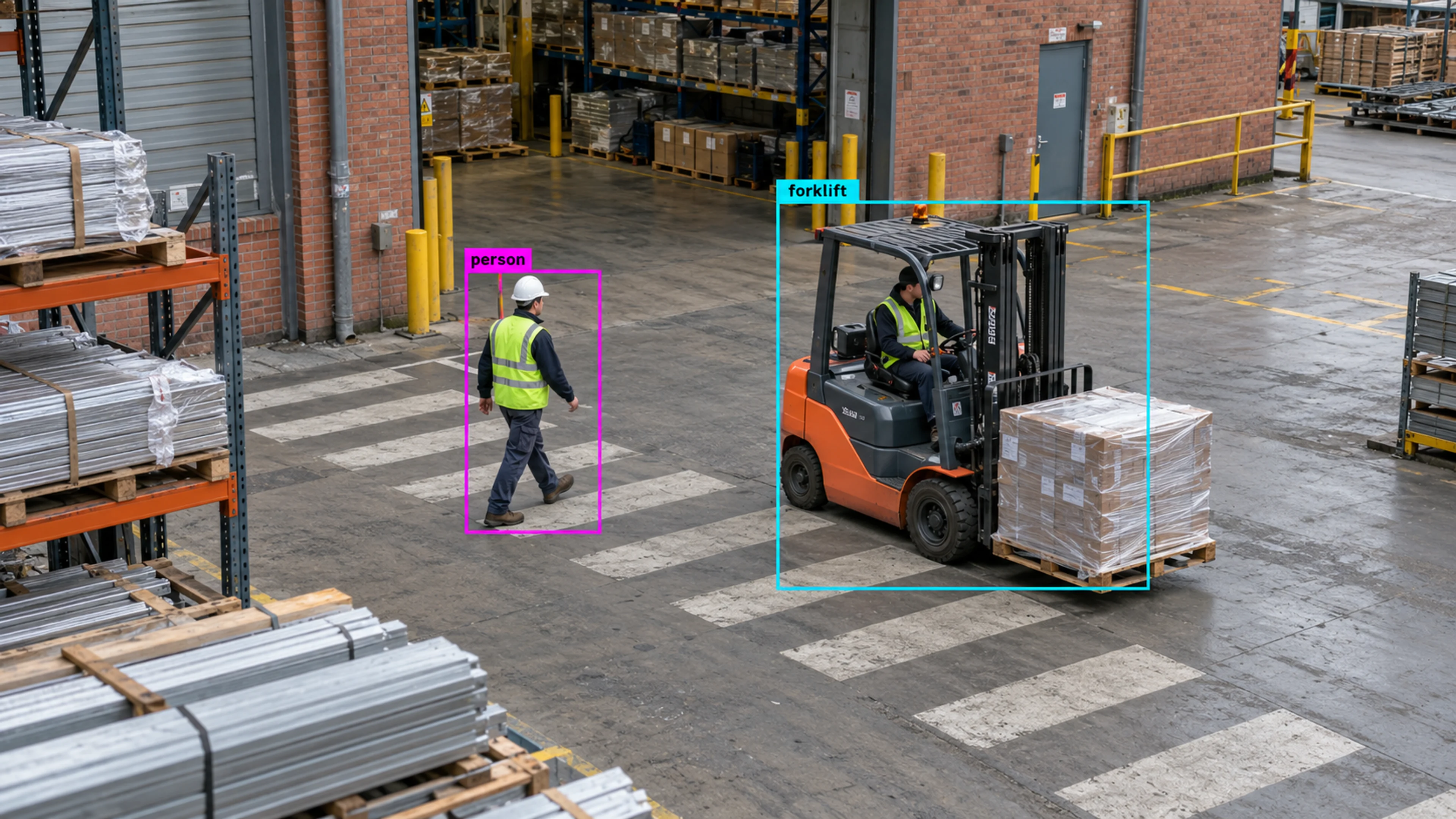 Warehouse loading area with workers, storage and a forklift. Illustrative object detections.