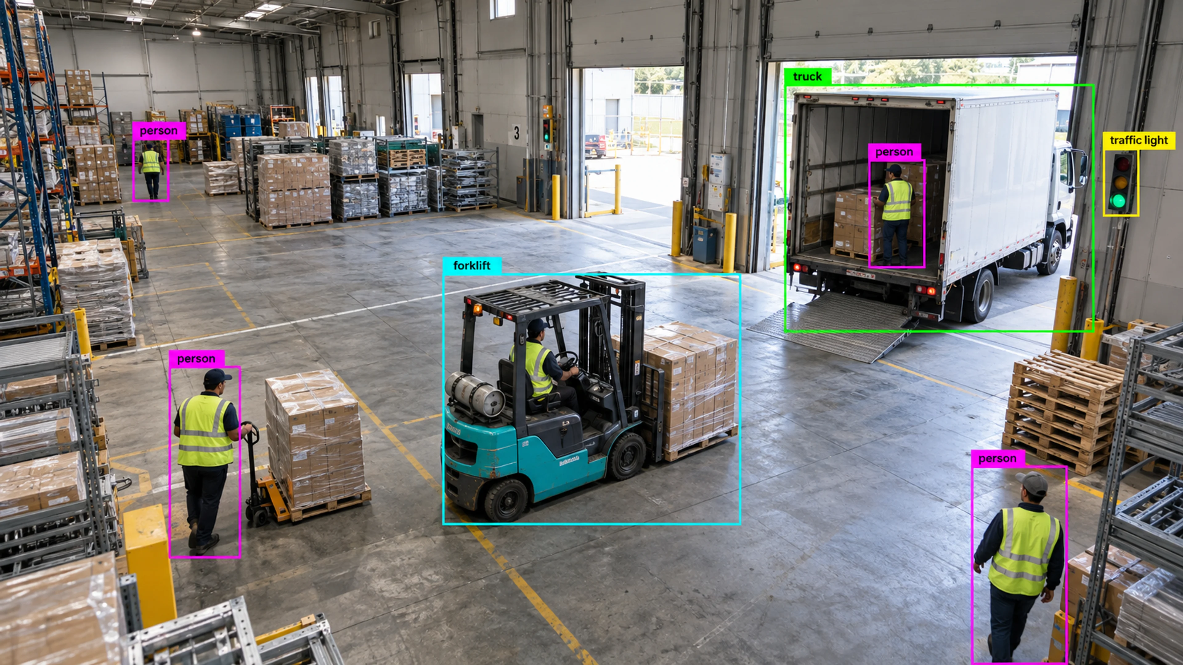 Warehouse loading area with workers, storage and a forklift. Illustrative object detections.