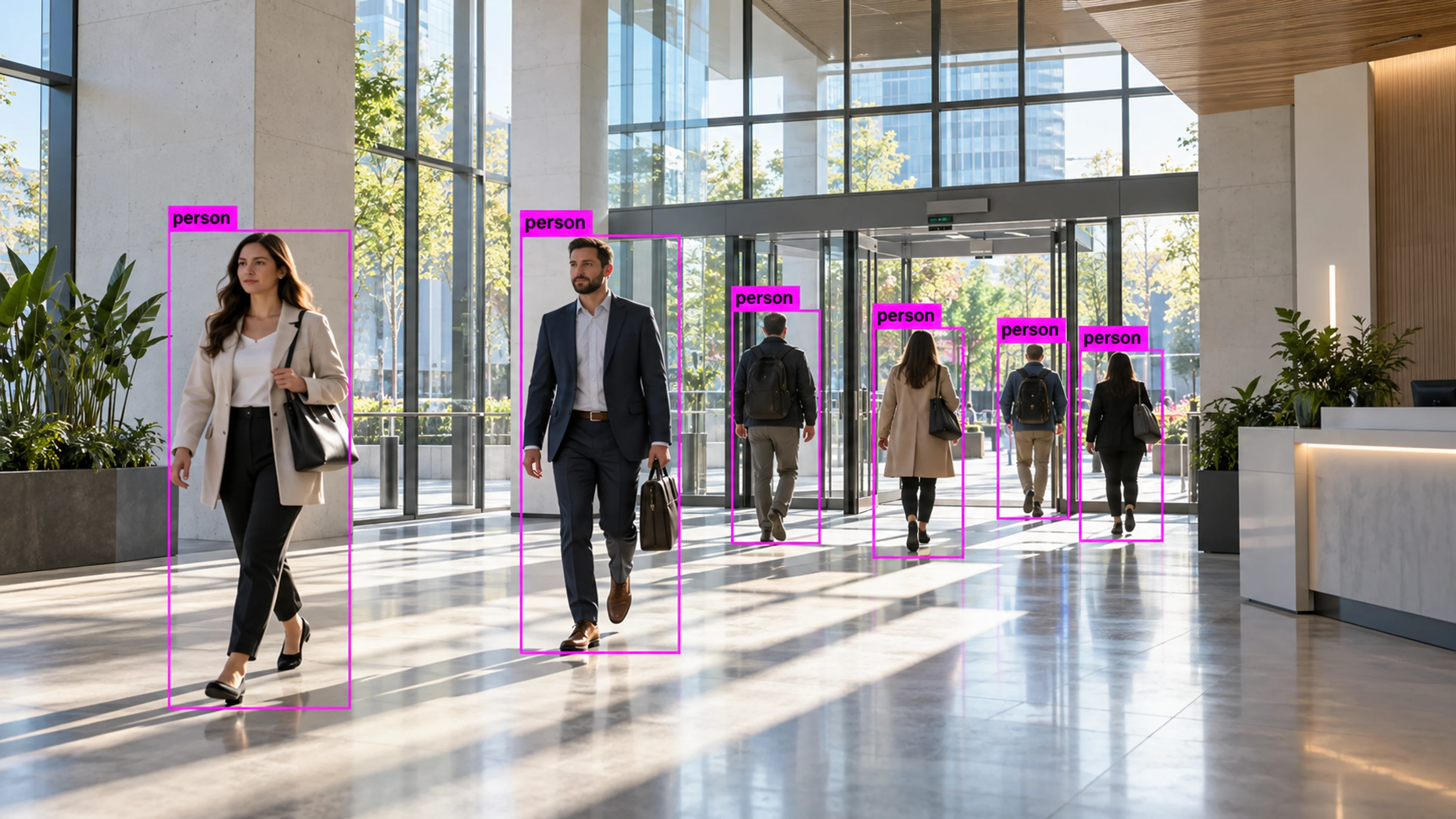 Commercial building circulation area with people walking through the entrance. Illustrative object detections.
