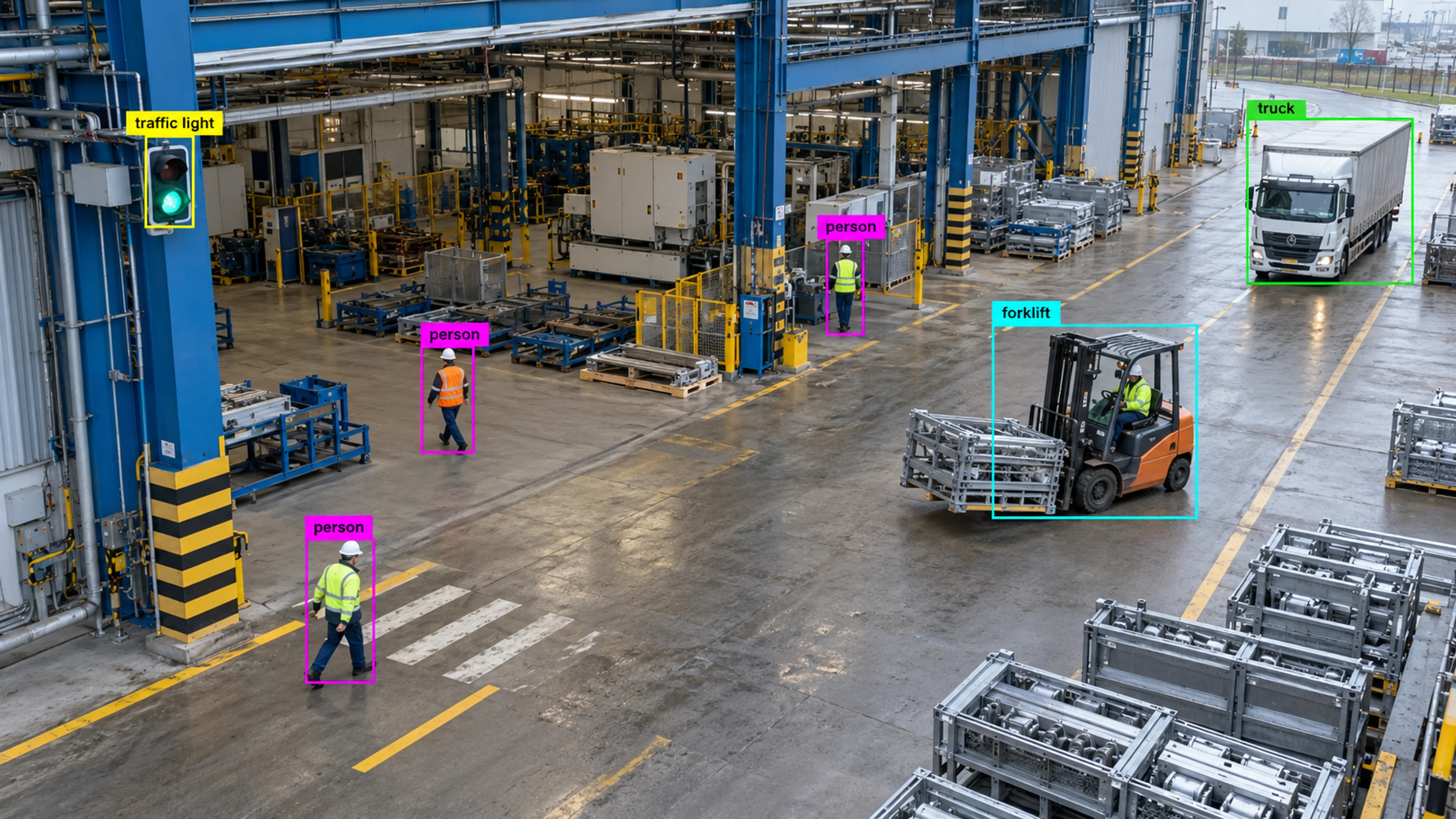 Factory production area with technicians and industrial machinery. Illustrative object detections.