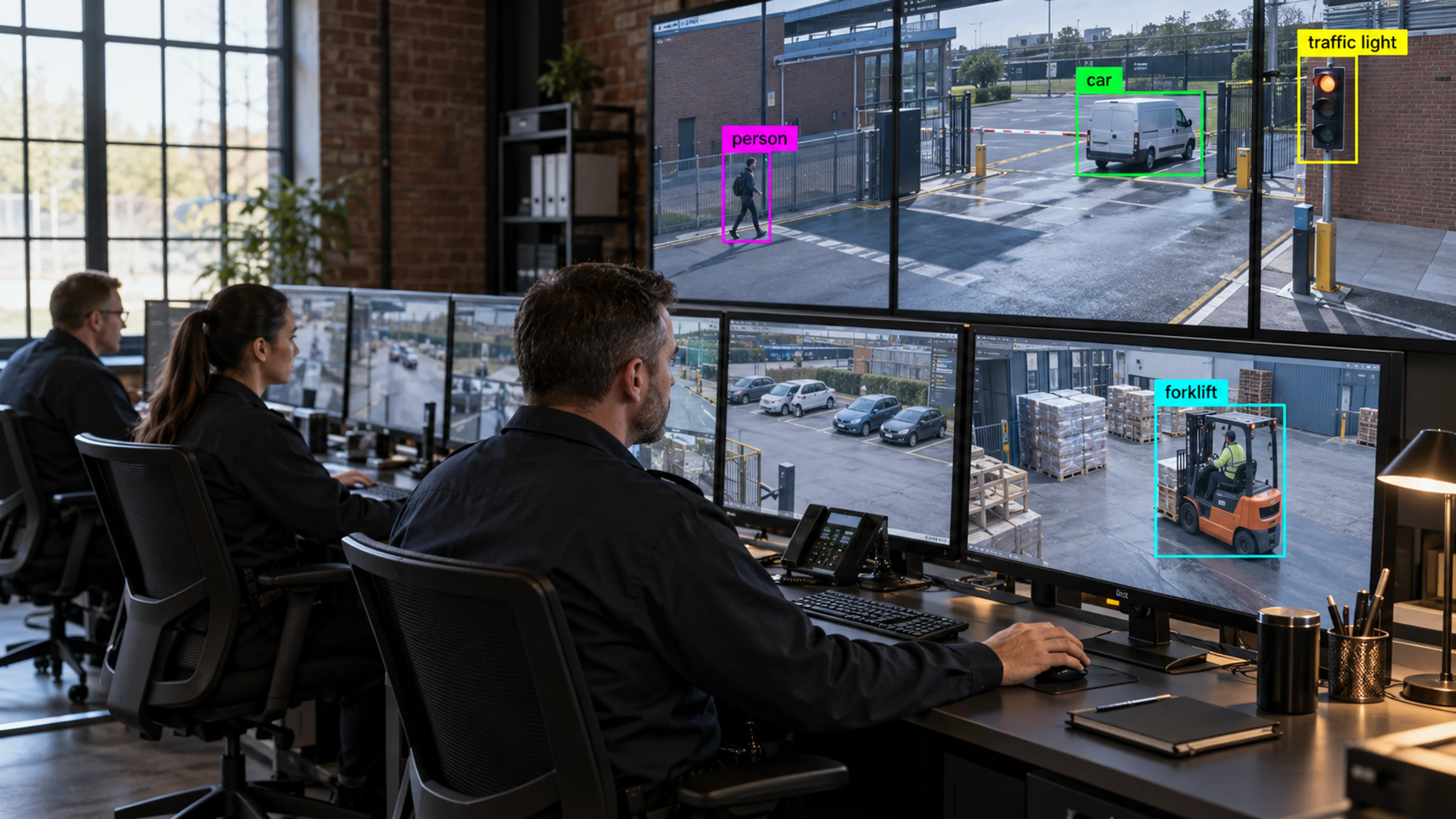 Operations staff reviewing camera views at monitoring workstations. Illustrative object detections.
