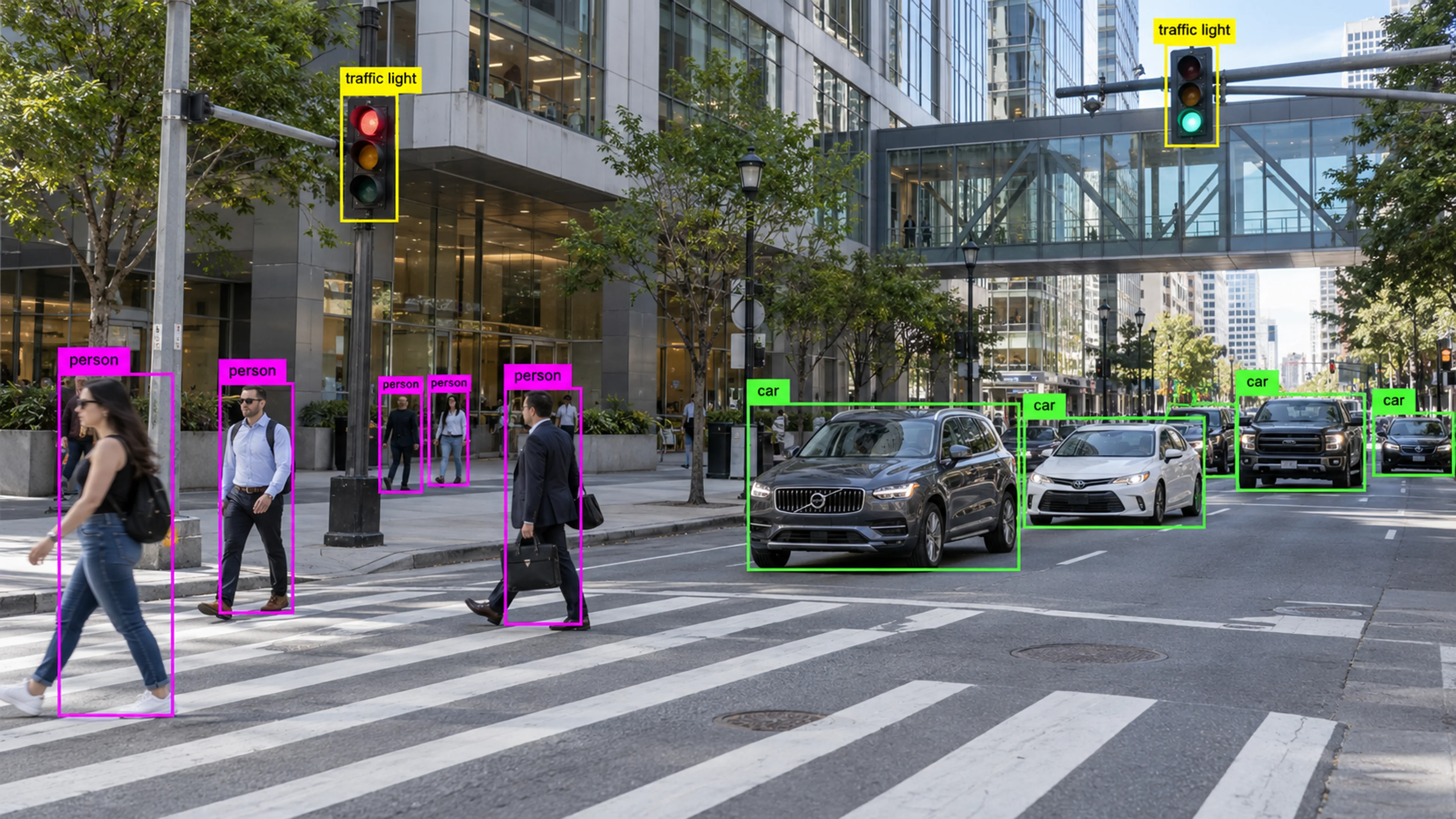 Urban intersection with vehicles, pedestrians and traffic lights. Illustrative object detections.