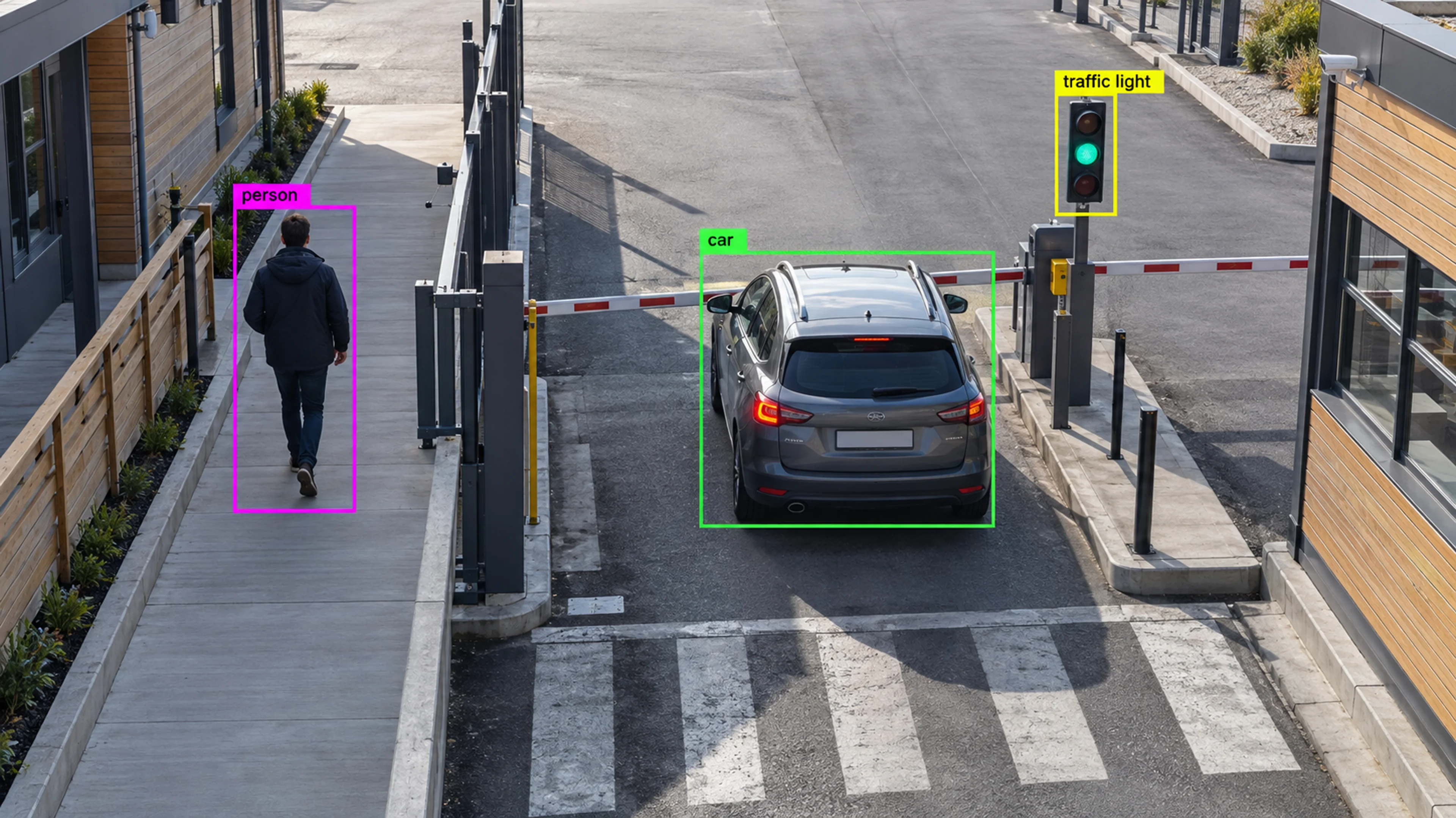 Vehicle access area with cars and a separate pedestrian route. Illustrative object detections.