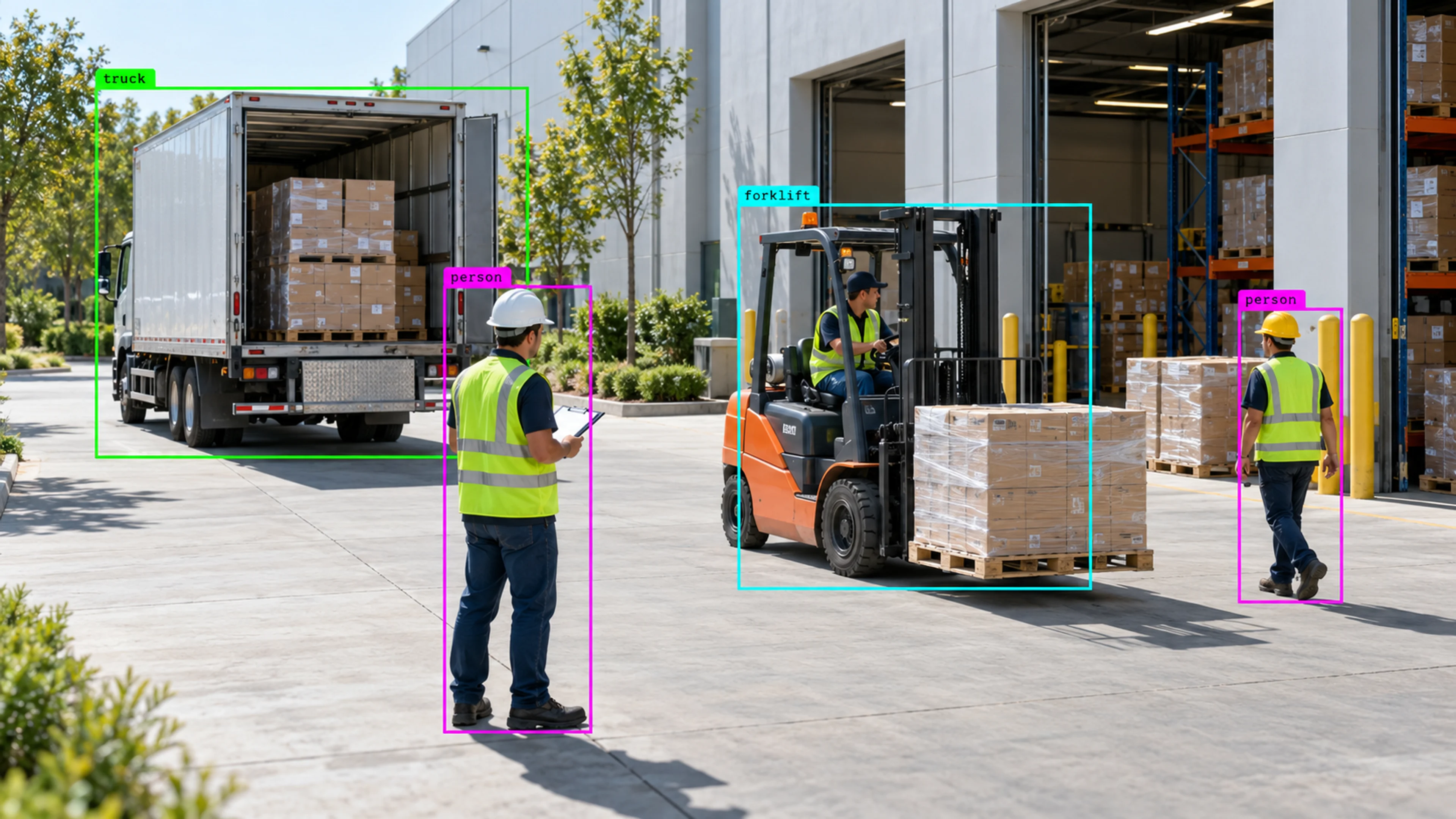 Warehouse loading area with workers, storage and a forklift. Illustrative object detections.