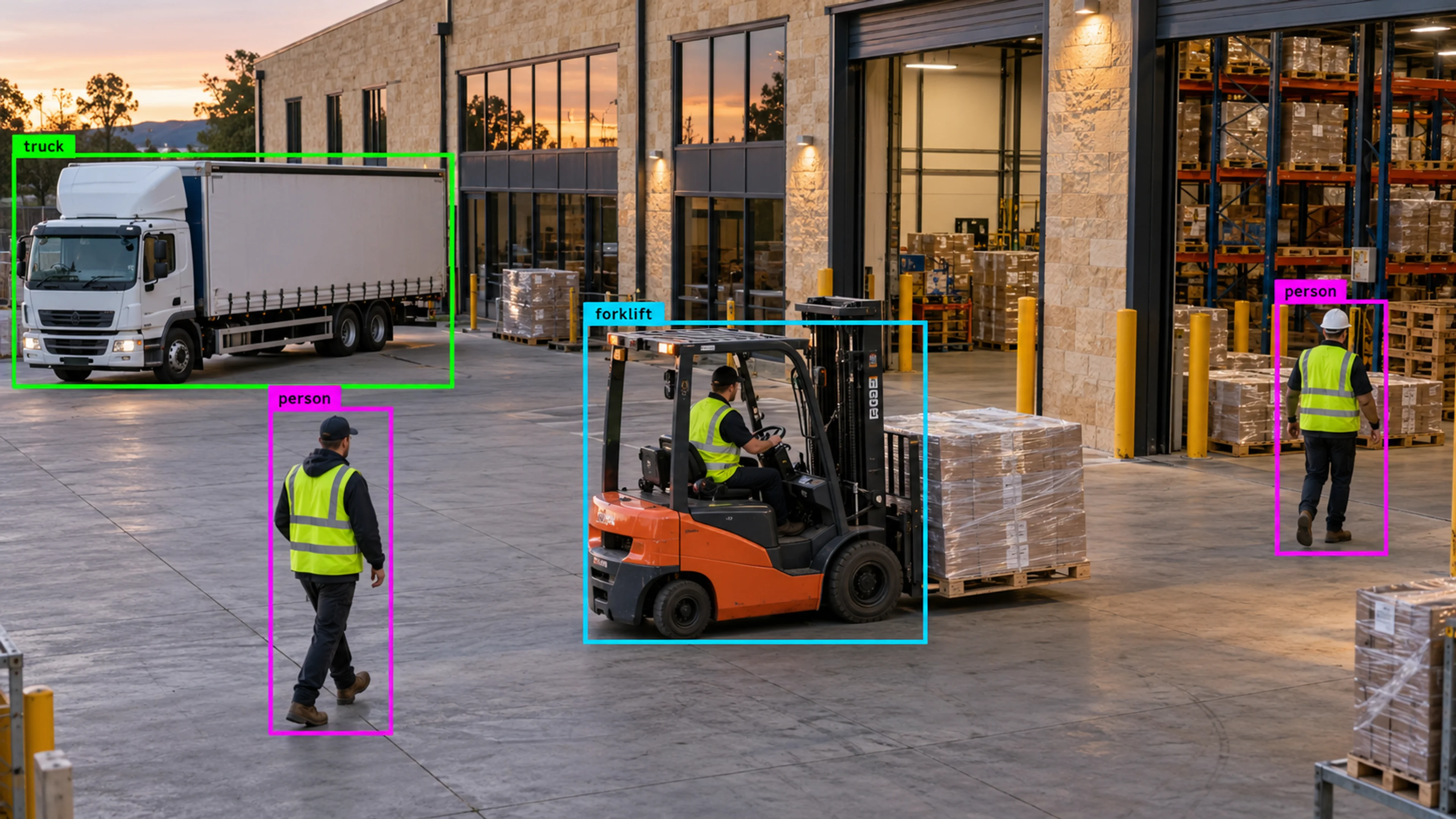 Warehouse loading area with workers, storage and a forklift. Illustrative object detections.