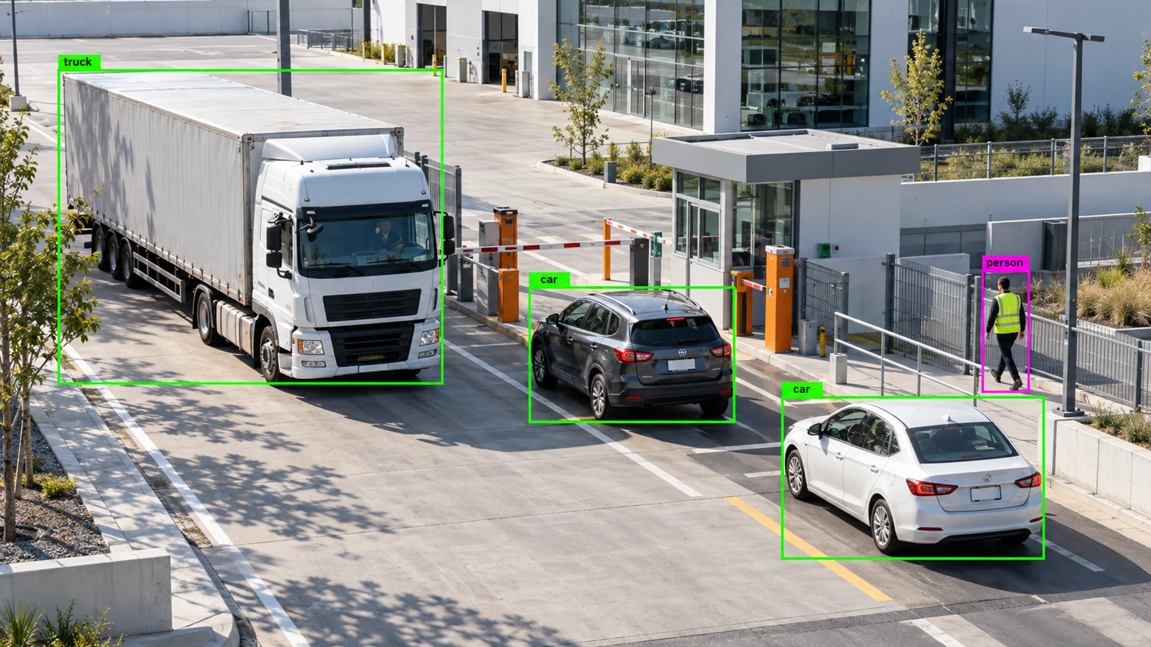 Vehicle access area with cars and a separate pedestrian route. Illustrative object detections.