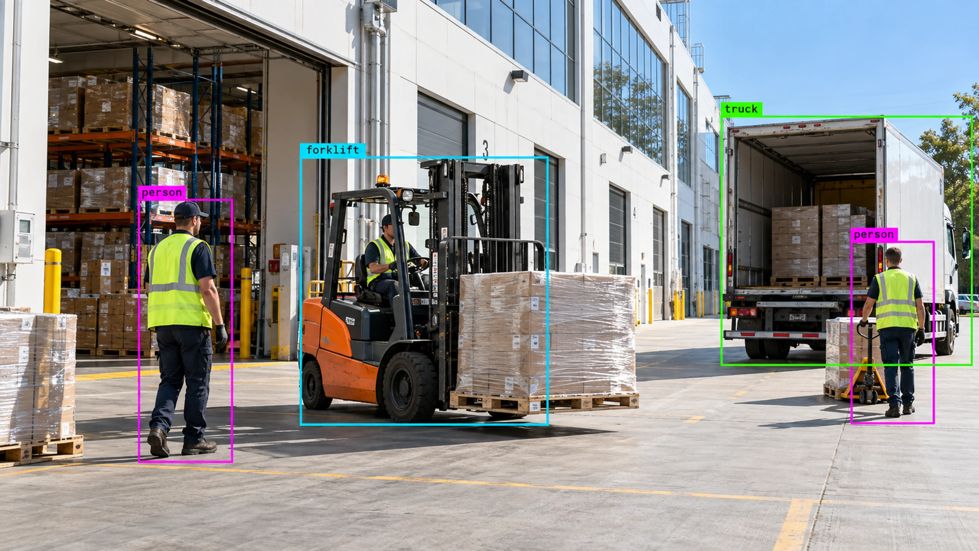 Warehouse loading area with workers, storage and a forklift. Illustrative object detections.