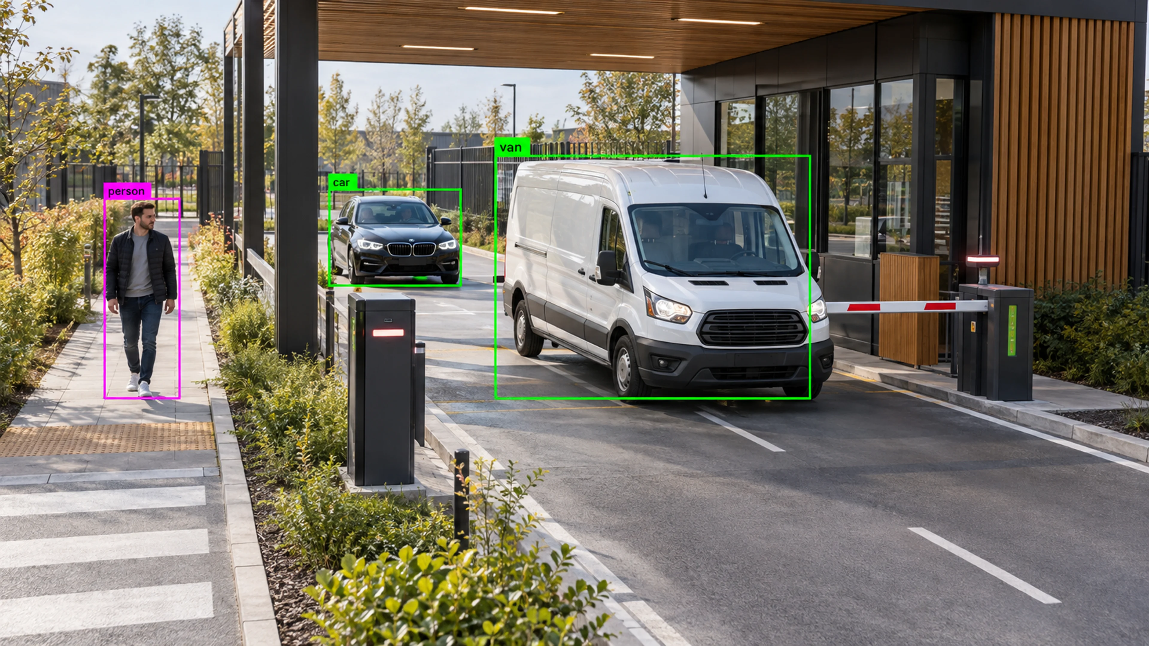 Vehicle access area with cars and a separate pedestrian route. Illustrative object detections.