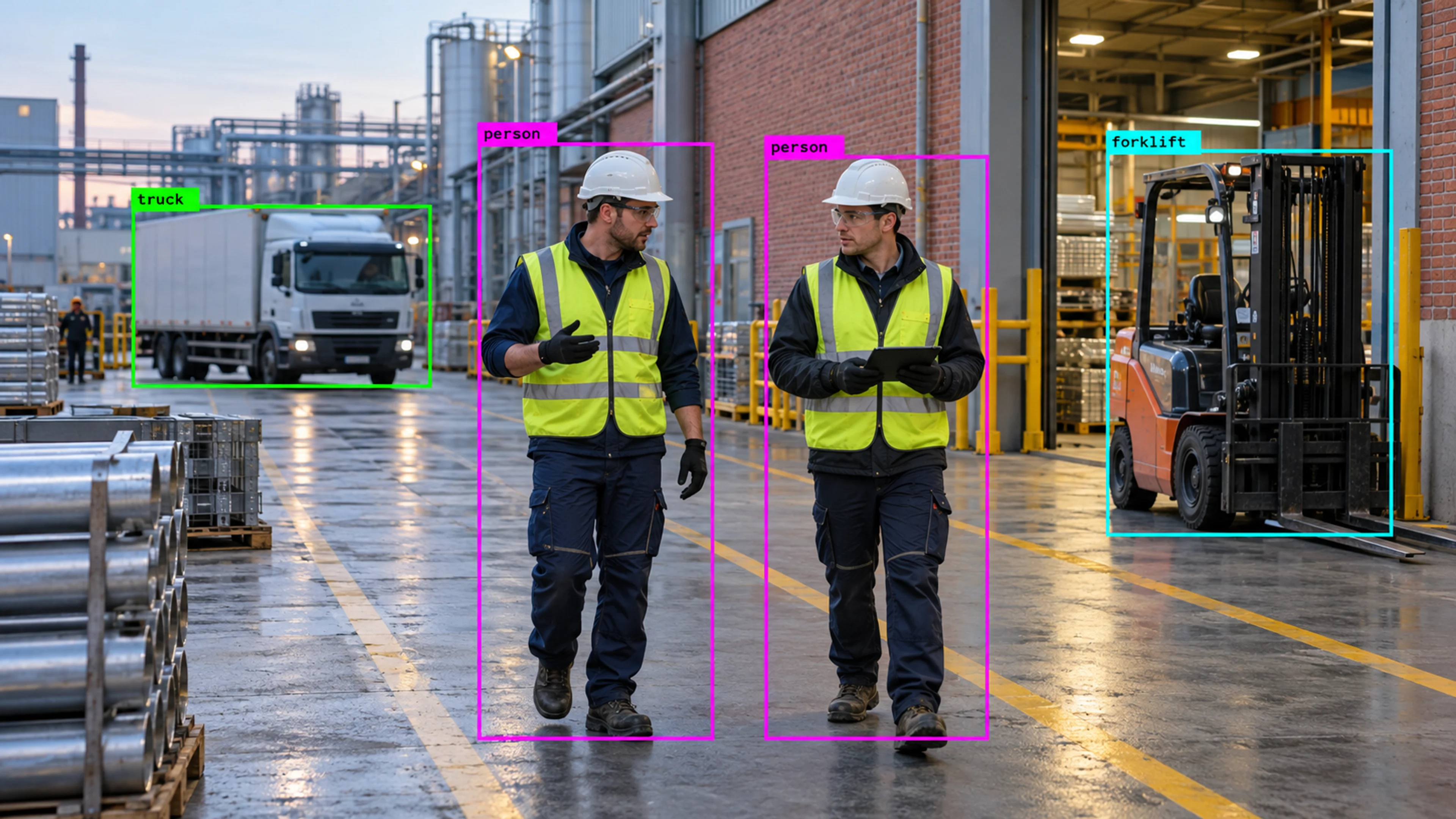 Factory production area with technicians and industrial machinery. Illustrative object detections.