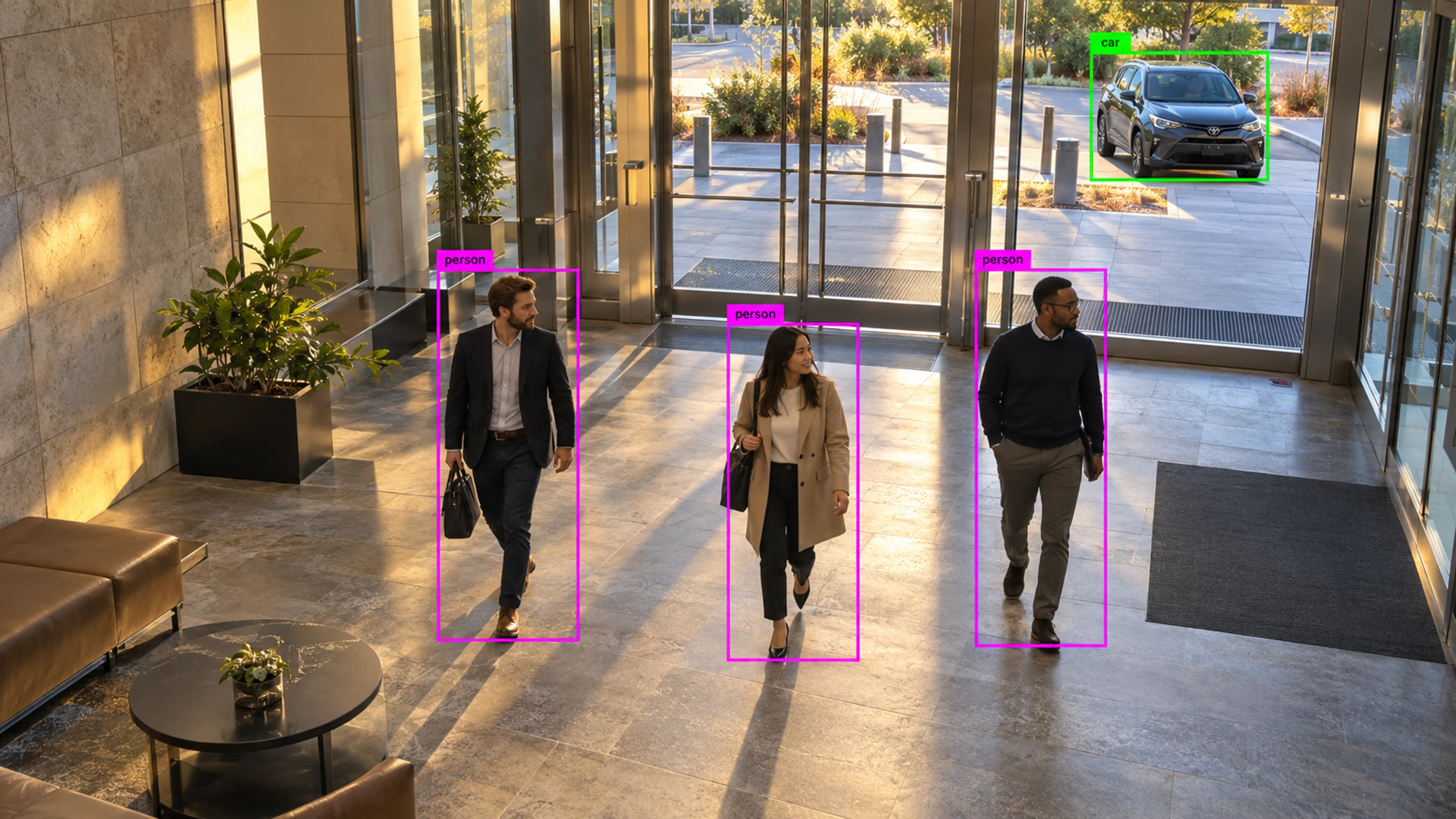 Commercial building circulation area with people walking through the entrance. Illustrative object detections.