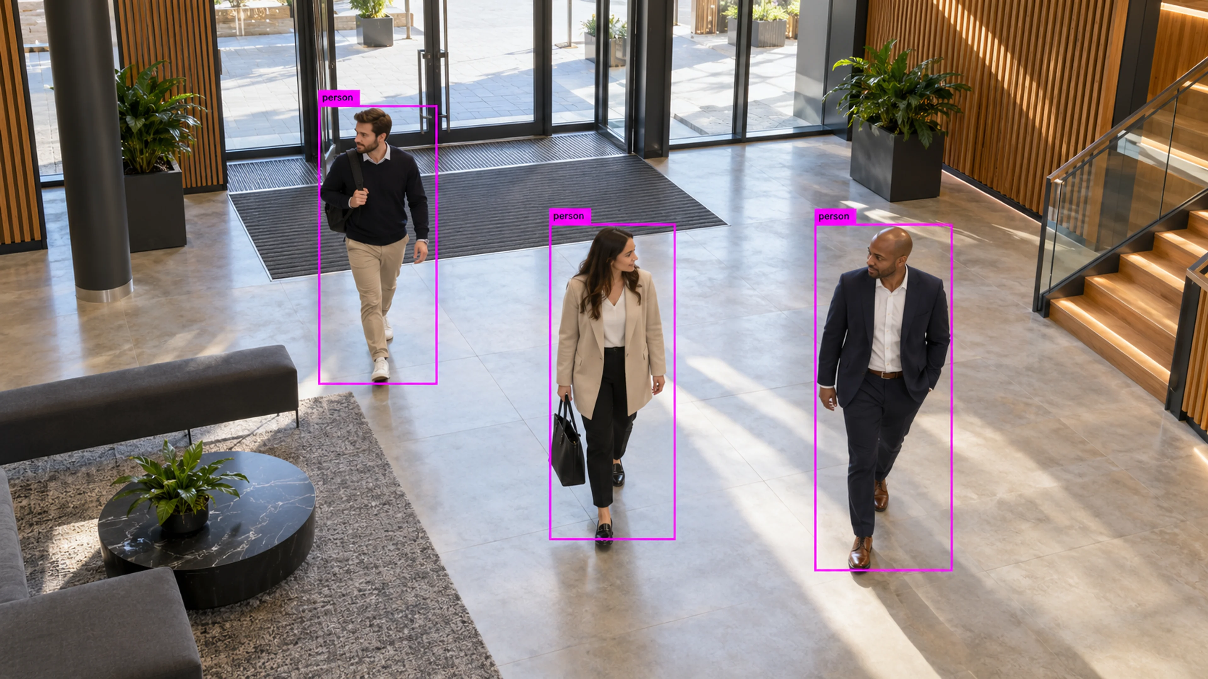 Commercial building circulation area with people walking through the entrance. Illustrative object detections.