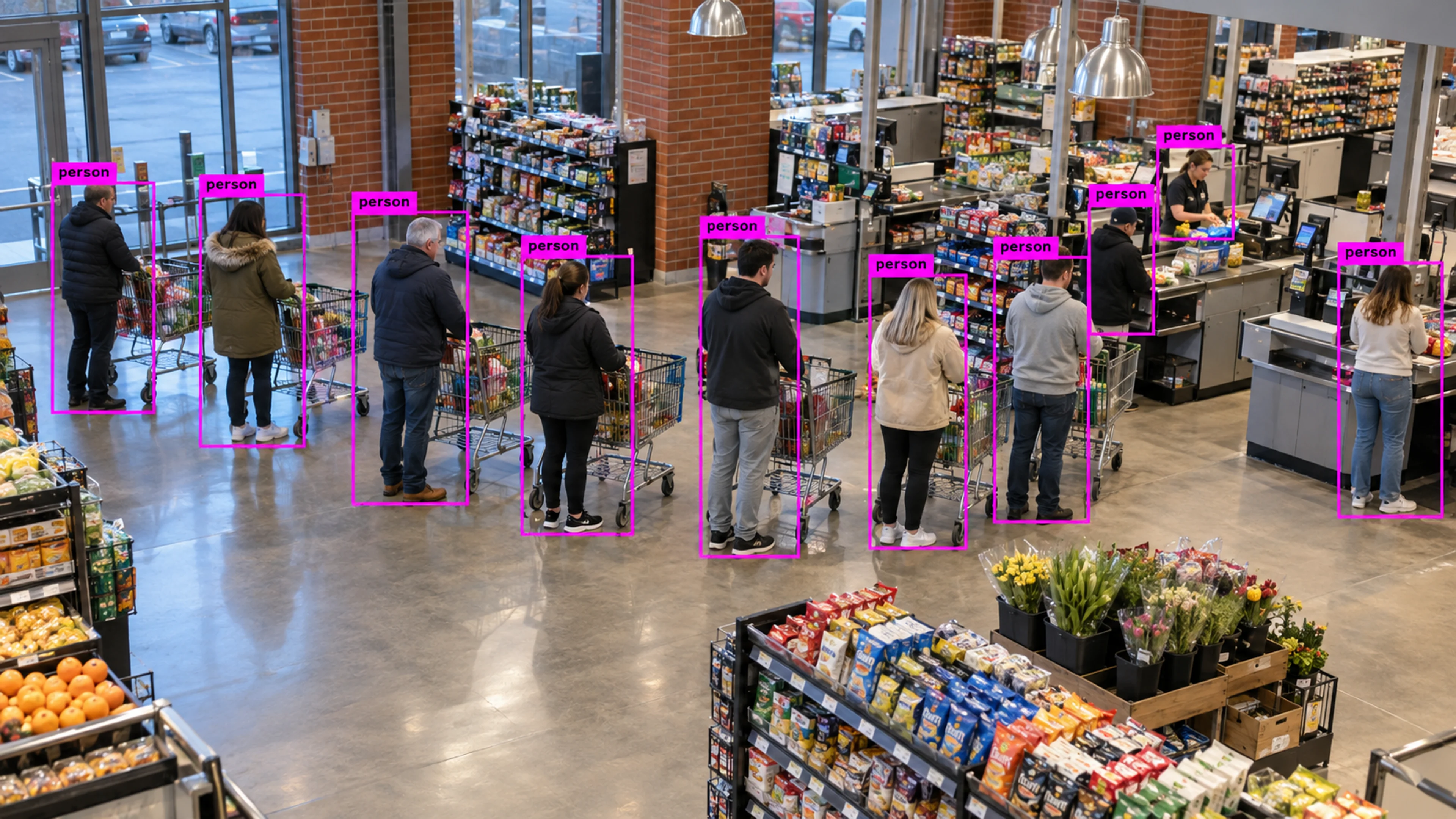 Retail store with shoppers near checkout and stocked aisles. Illustrative object detections.