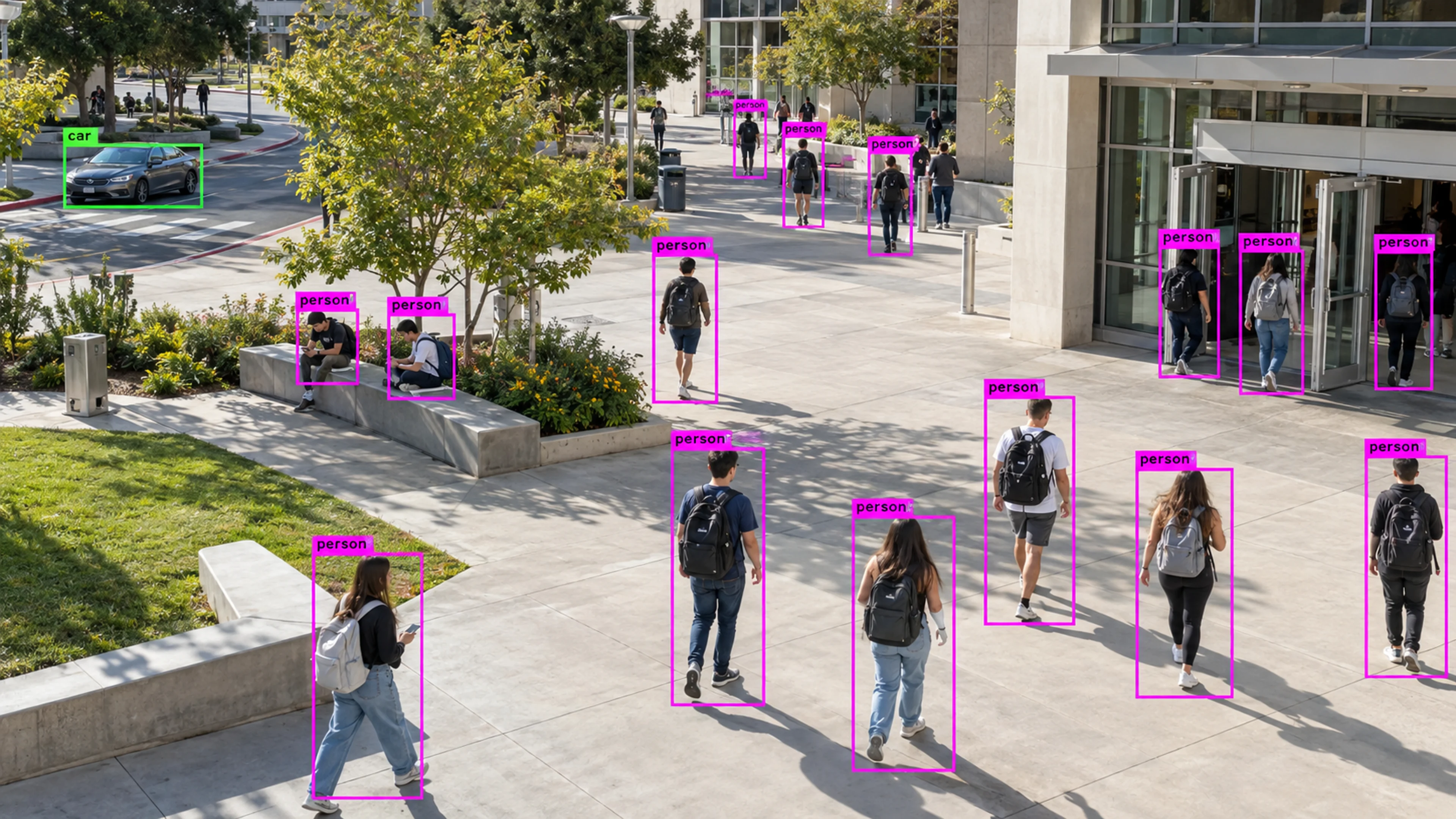 University campus shared area with adult students. Illustrative object detections.