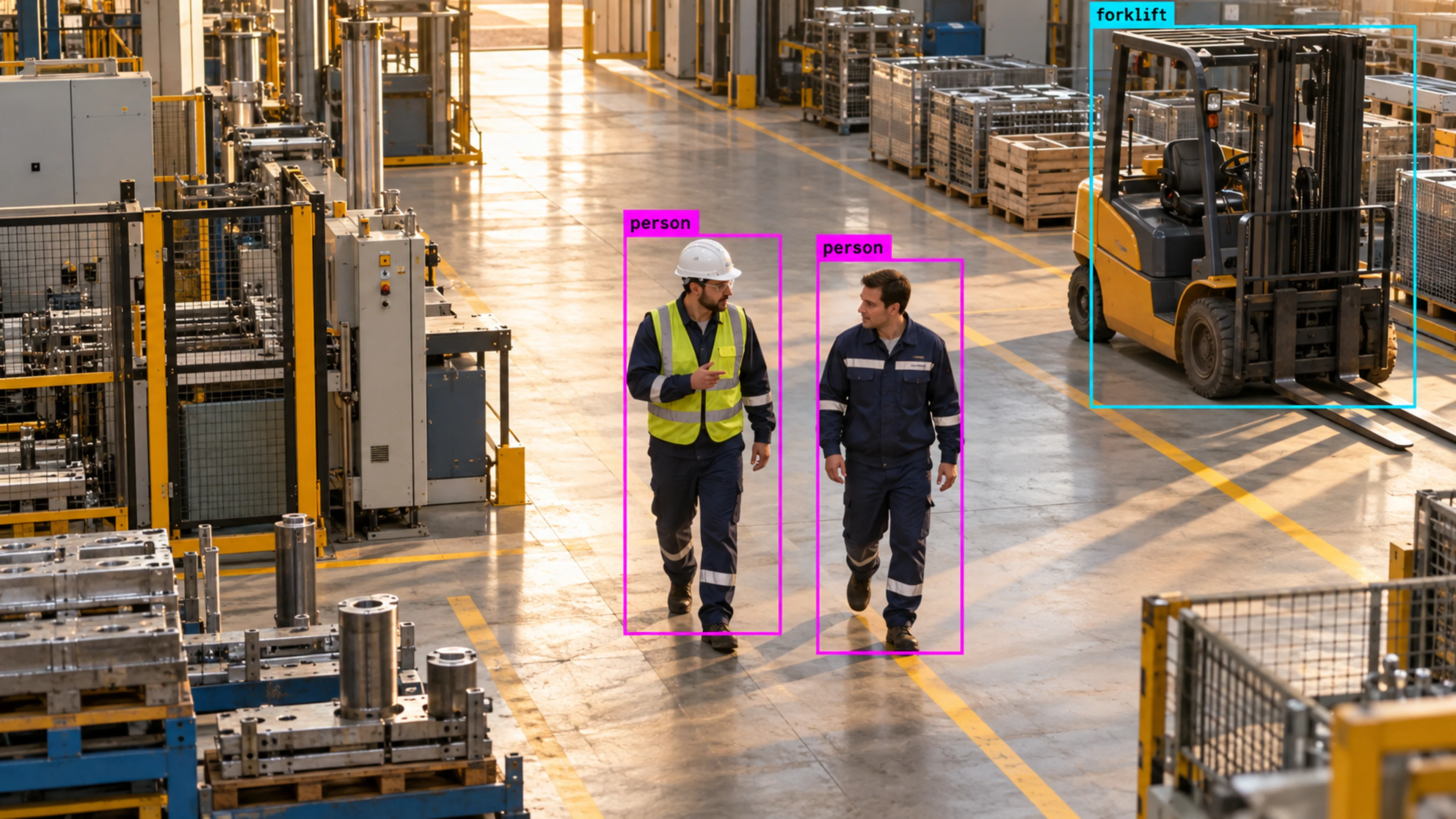 Factory production area with technicians and industrial machinery. Illustrative object detections.