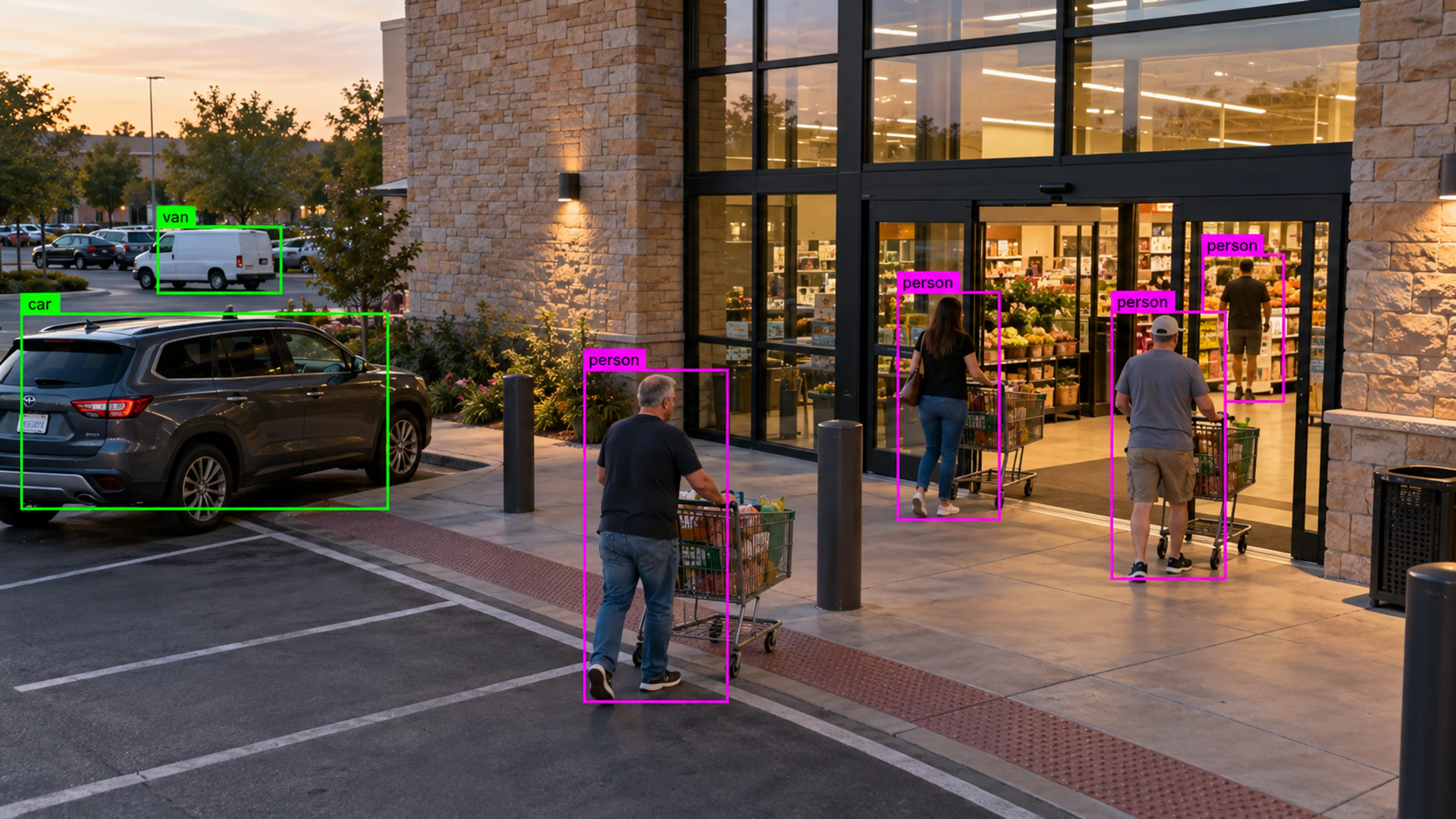 Retail store with shoppers near checkout and stocked aisles. Illustrative object detections.