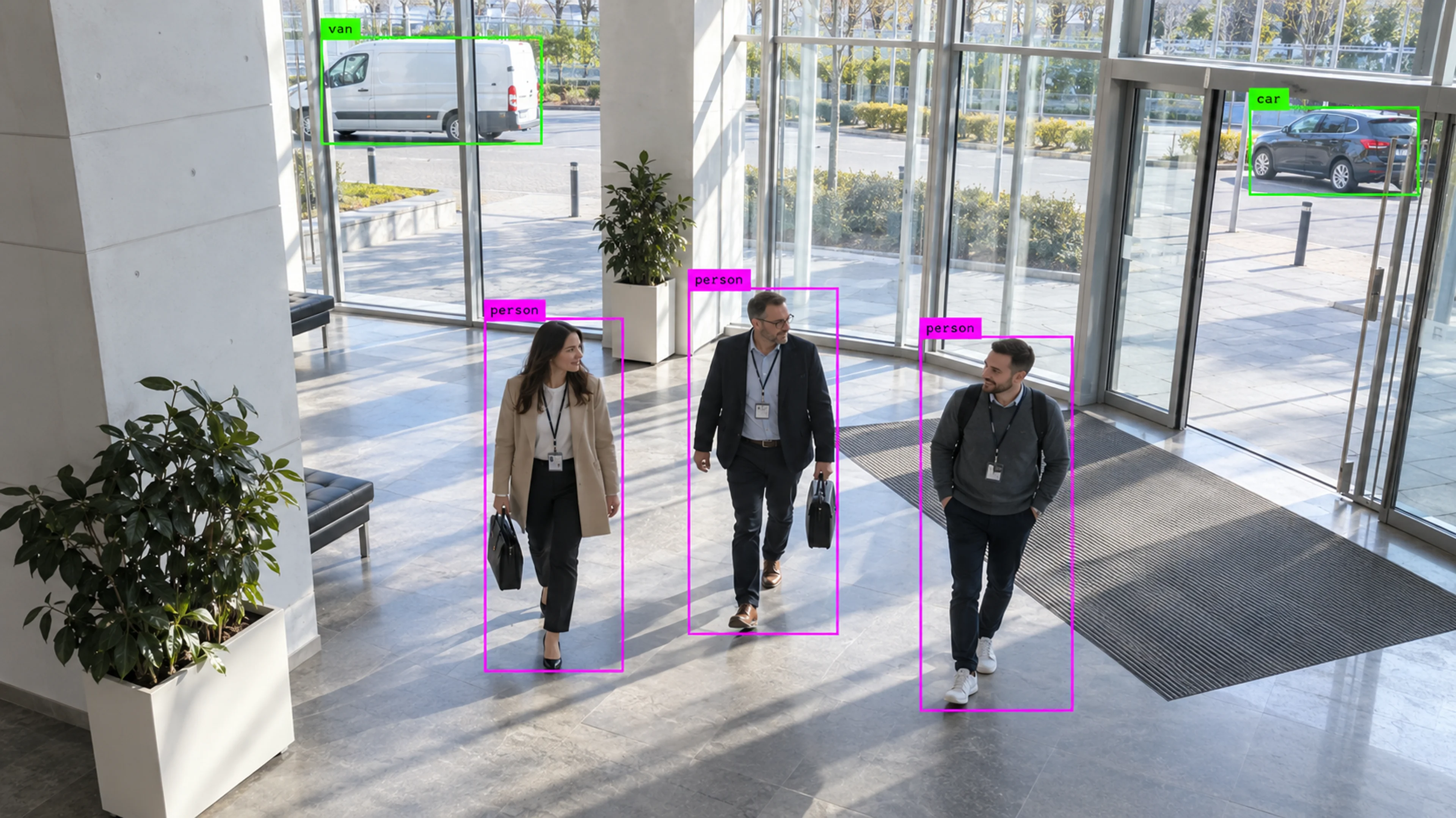 Commercial building circulation area with people walking through the entrance. Illustrative object detections.