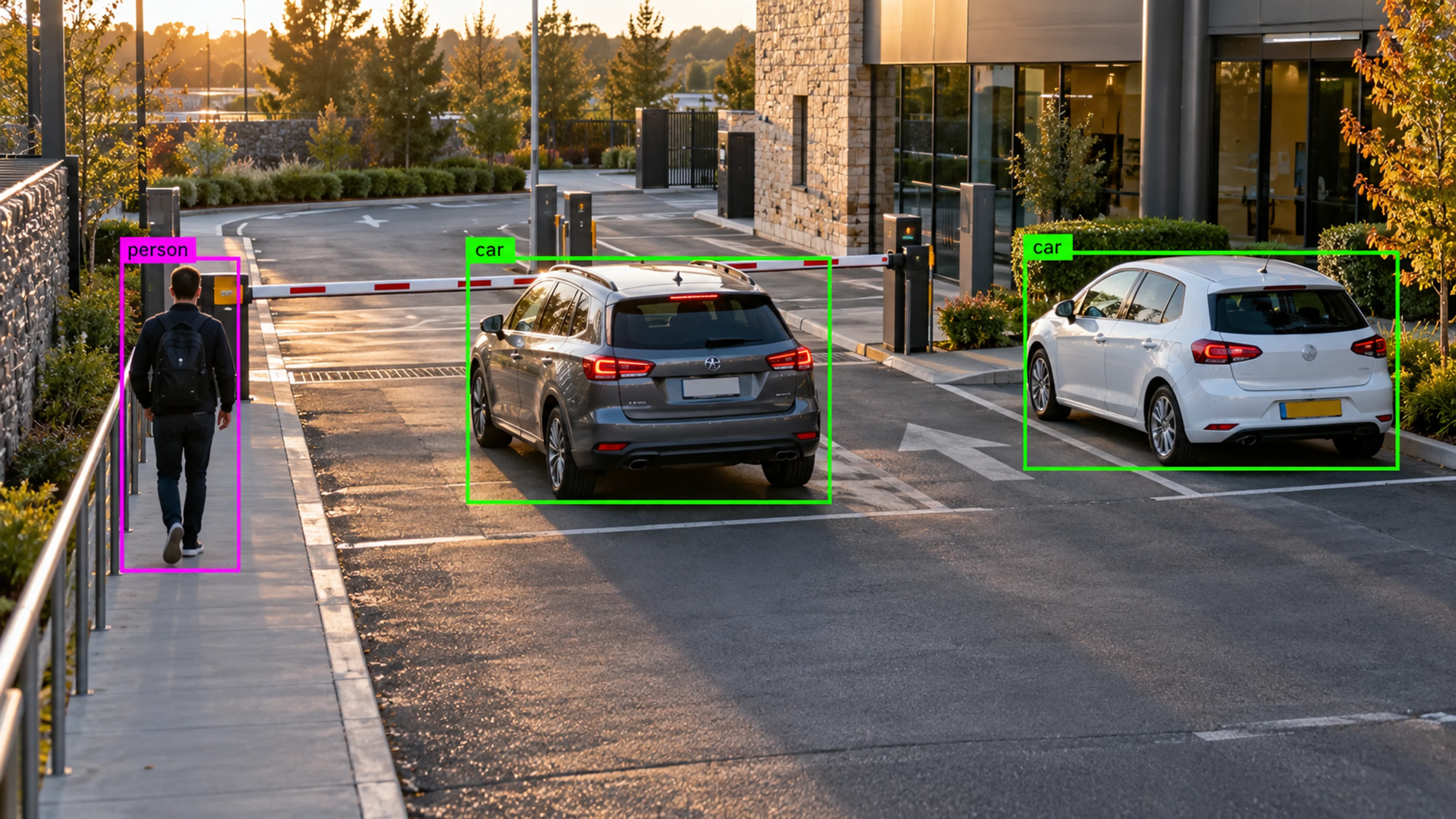 Vehicle access area with cars and a separate pedestrian route. Illustrative object detections.