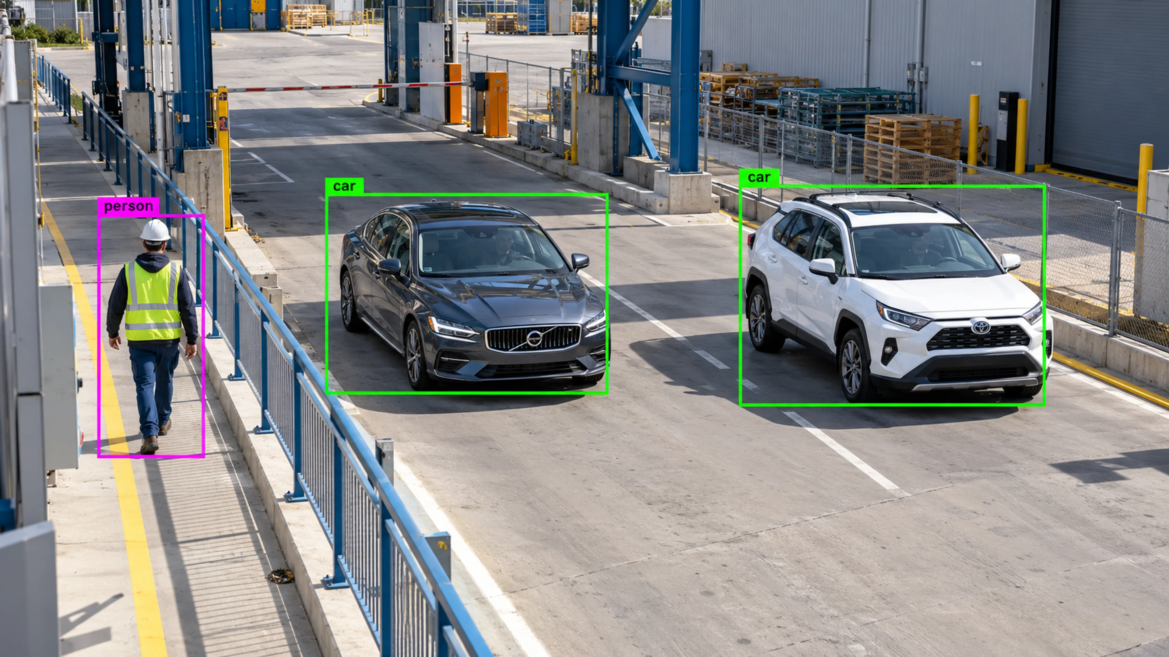 Vehicle access area with cars and a separate pedestrian route. Illustrative object detections.