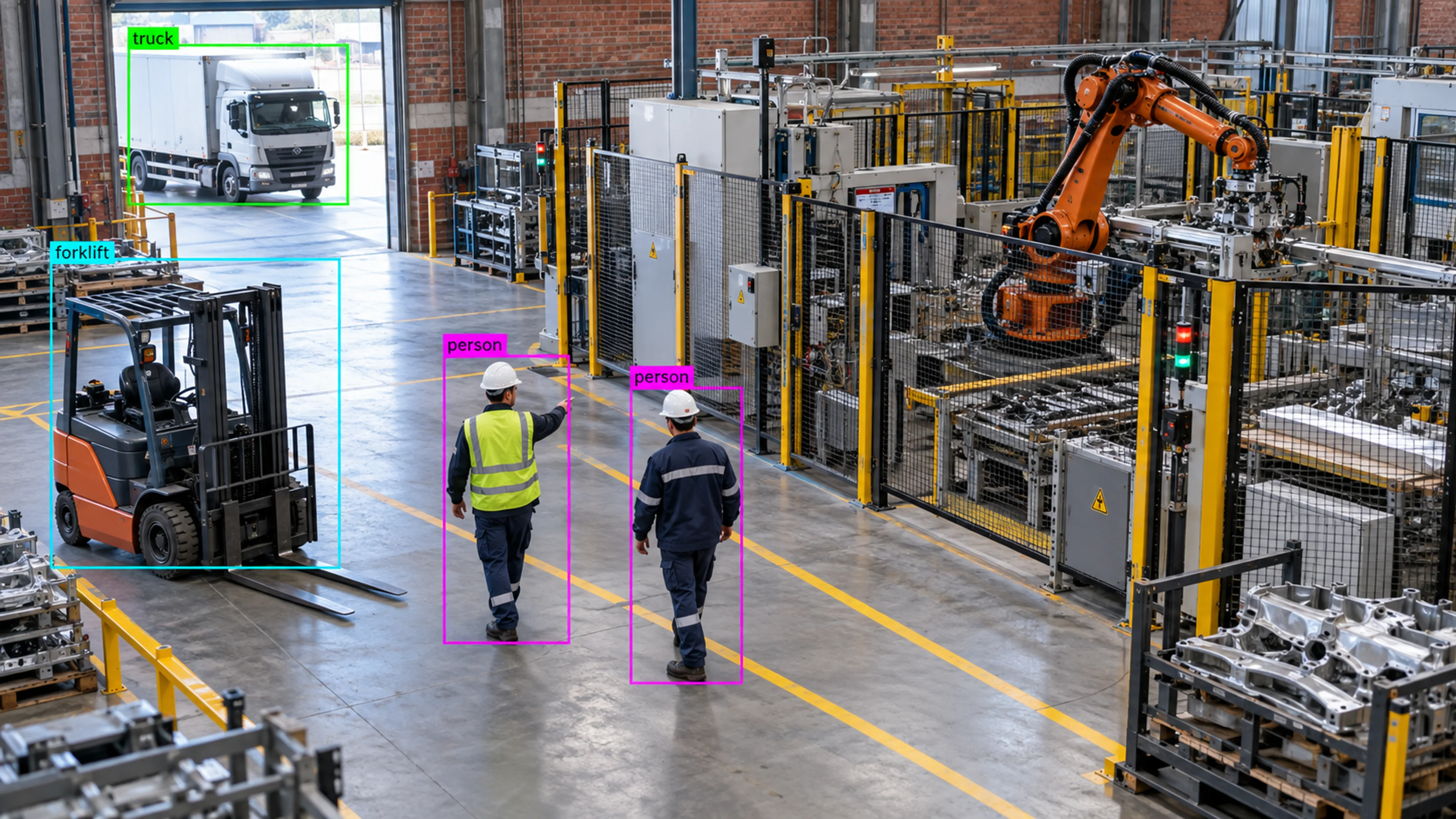 Factory production area with technicians and industrial machinery. Illustrative object detections.