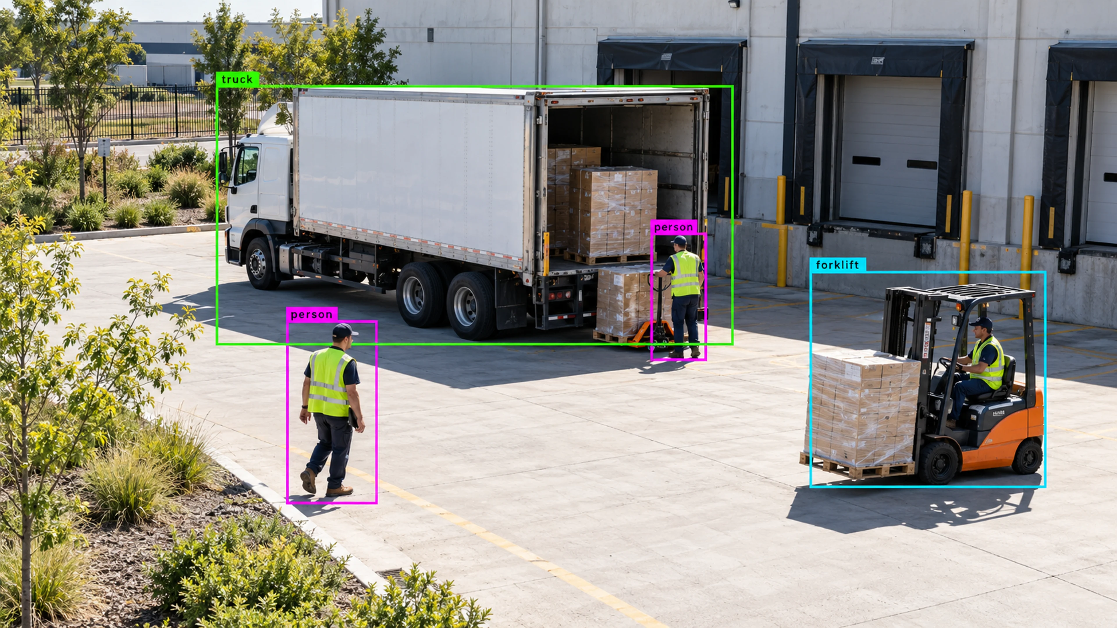 Warehouse loading area with workers, storage and a forklift. Illustrative object detections.