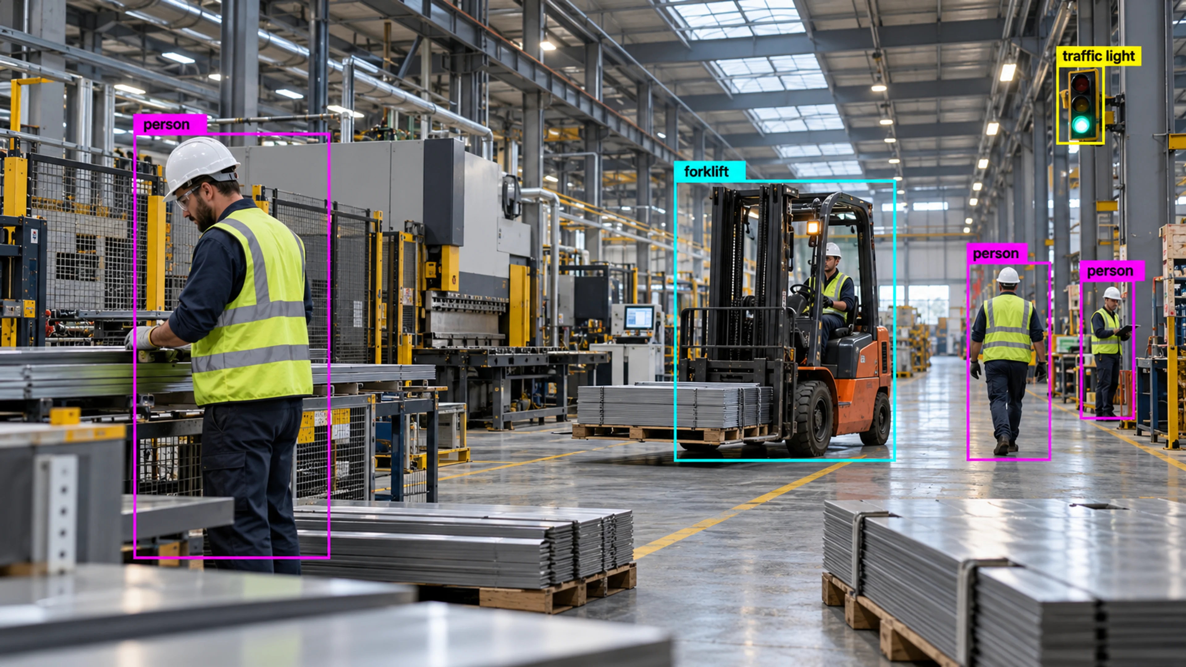 Factory production area with technicians and industrial machinery. Illustrative object detections.