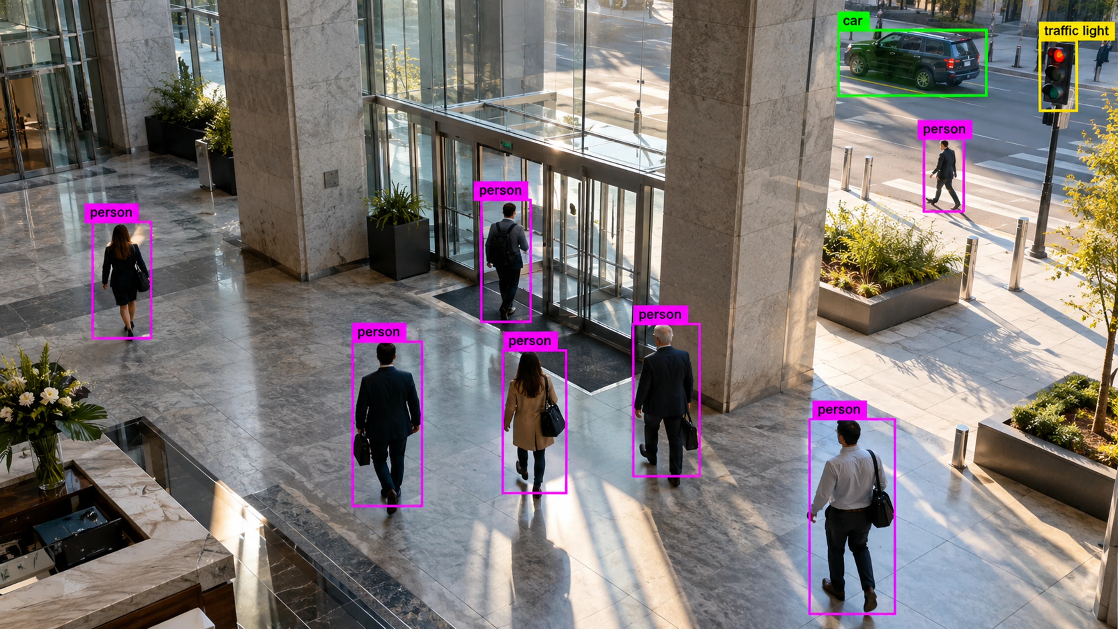 Commercial building circulation area with people walking through the entrance. Illustrative object detections.