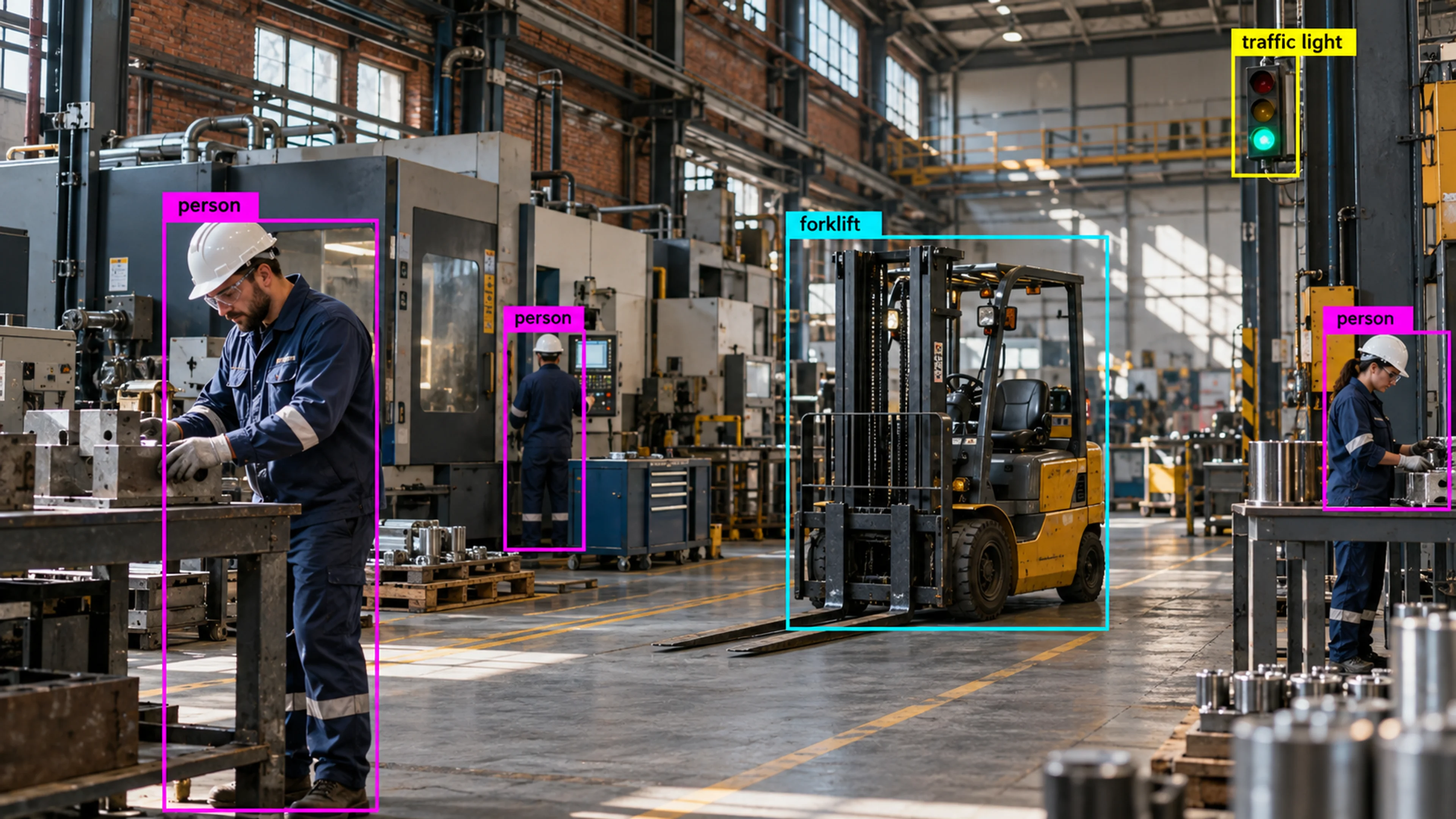 Factory production area with technicians and industrial machinery. Illustrative object detections.