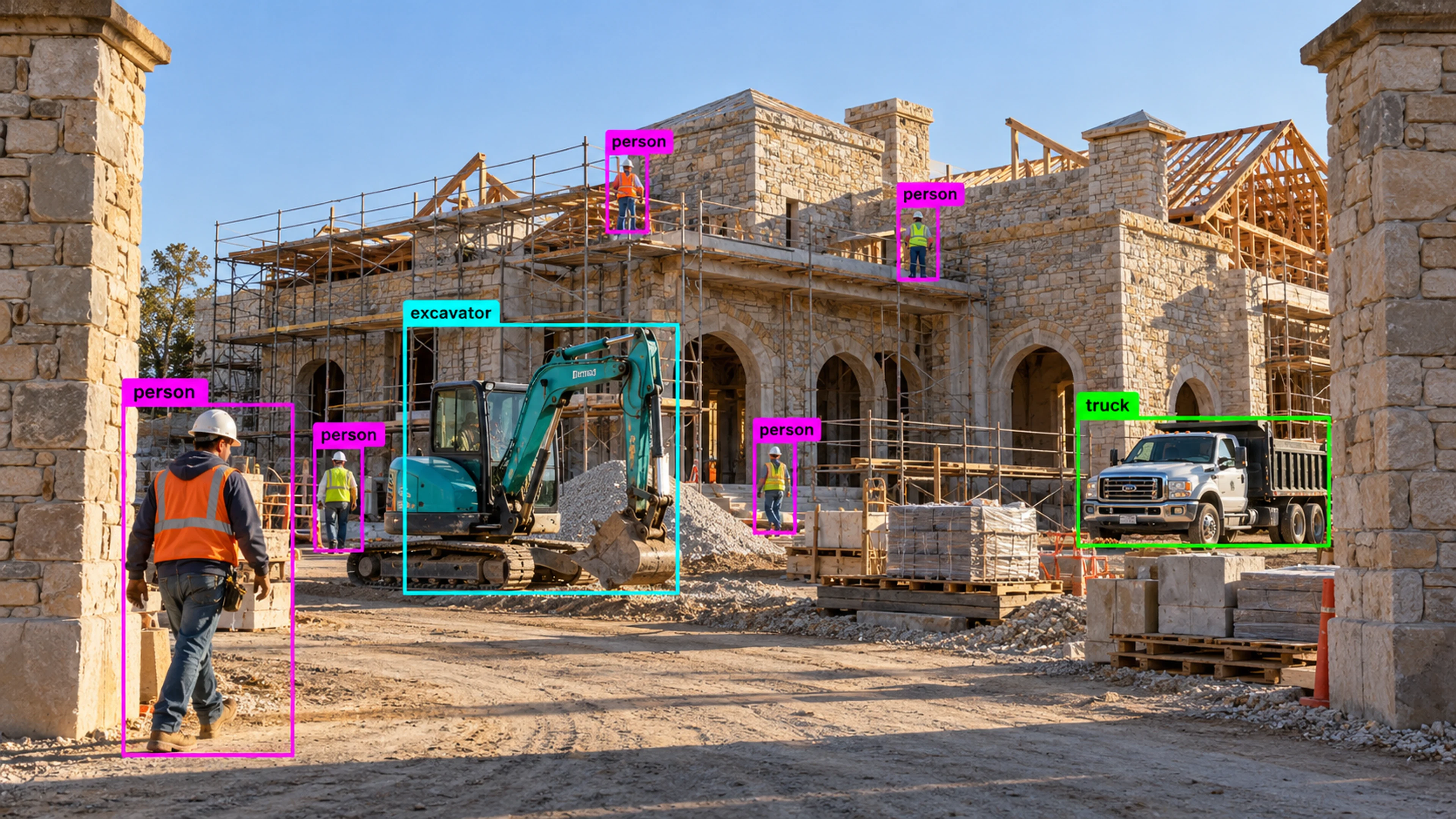Construction site with workers, materials and heavy equipment. Illustrative object detections.