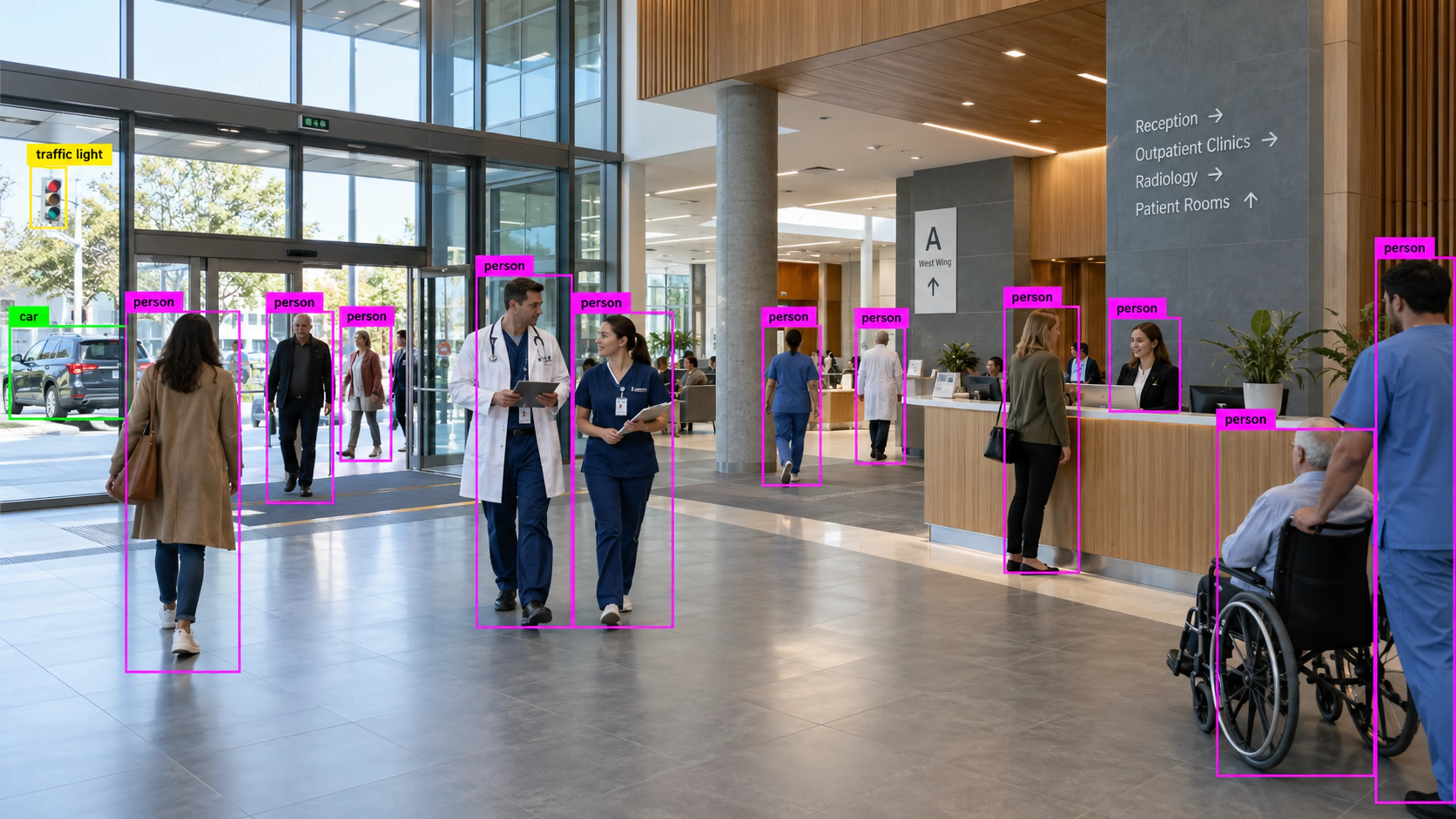 Hospital public circulation area with staff and visitors. Illustrative object detections.
