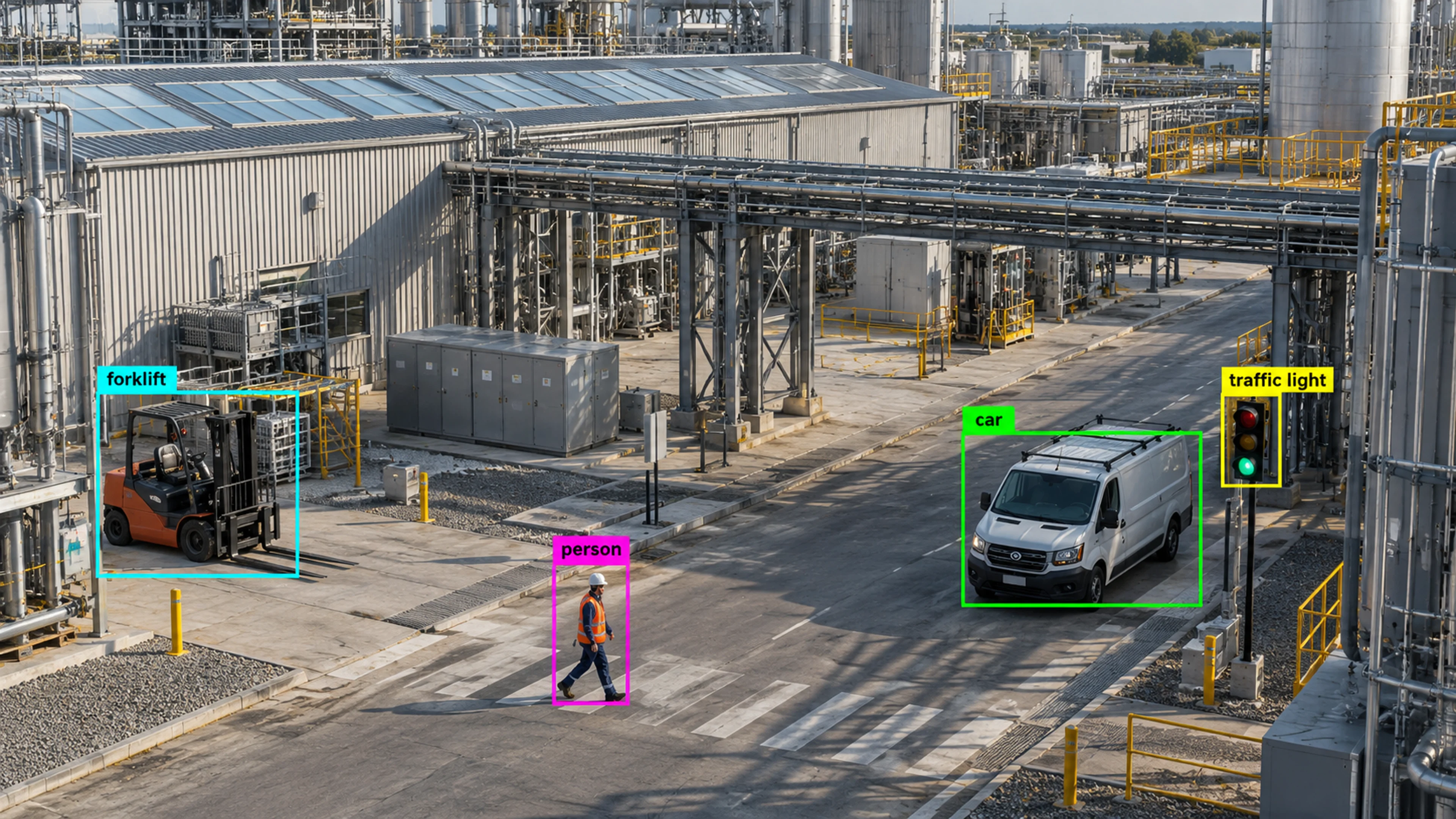 Energy facility with utility infrastructure and maintenance access. Illustrative object detections.