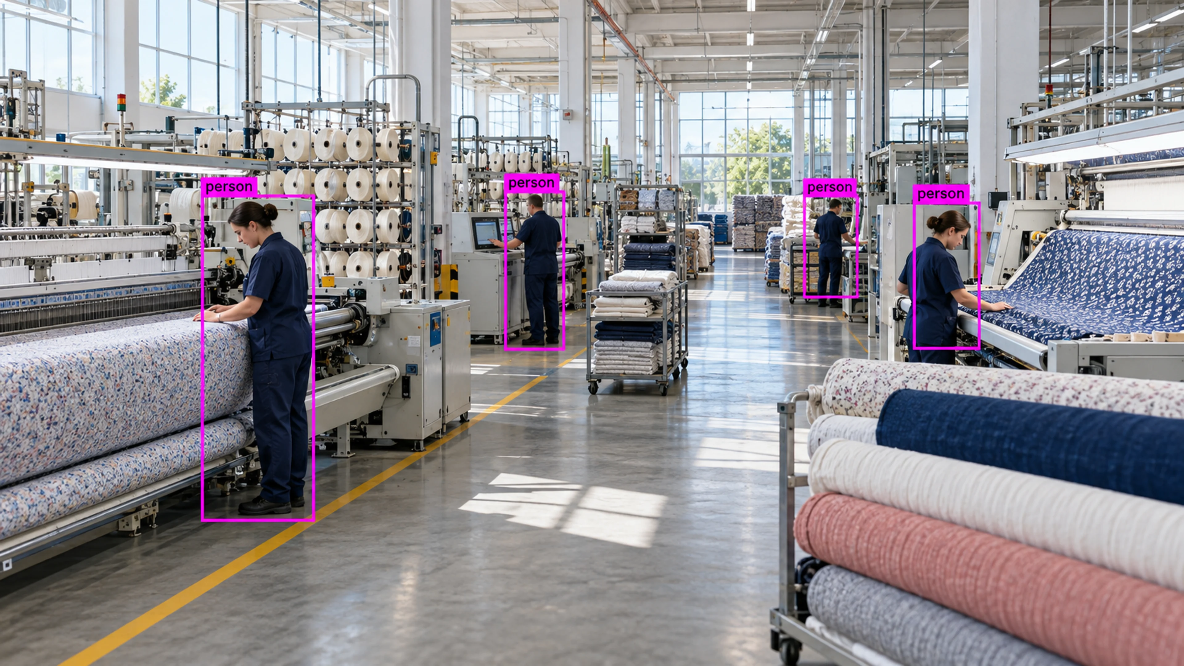 Textile production floor with operators, machinery and fabric. Illustrative object detections.