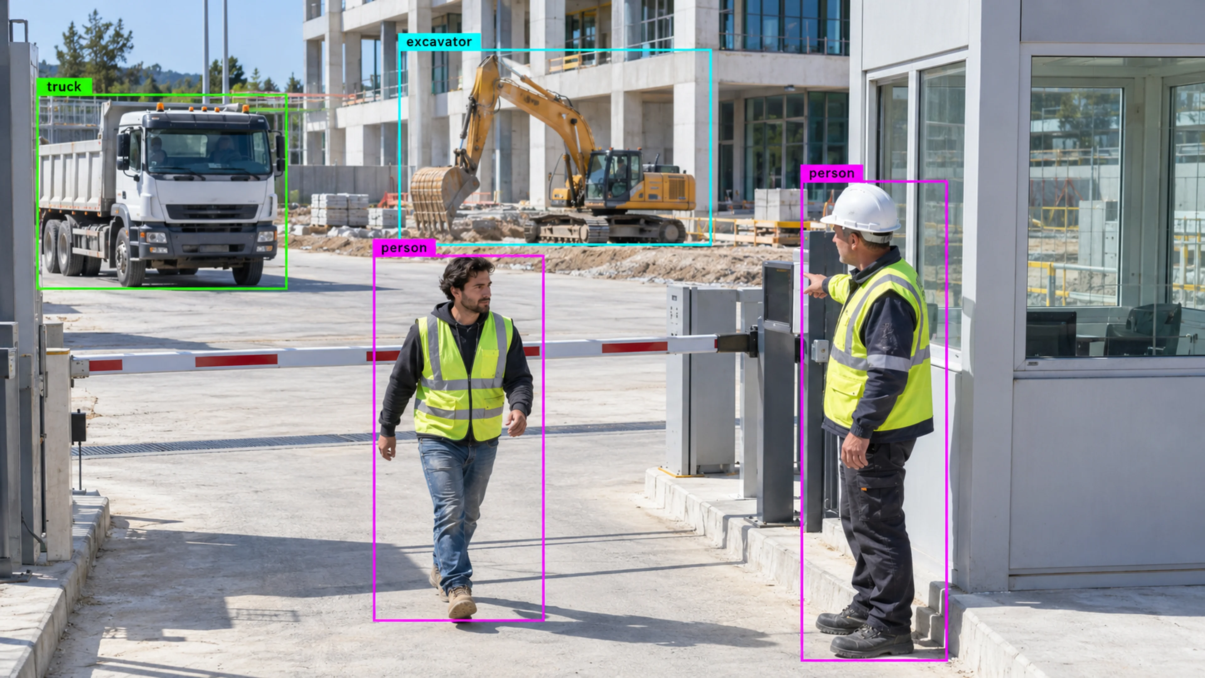 Construction site with workers, materials and heavy equipment. Illustrative object detections.