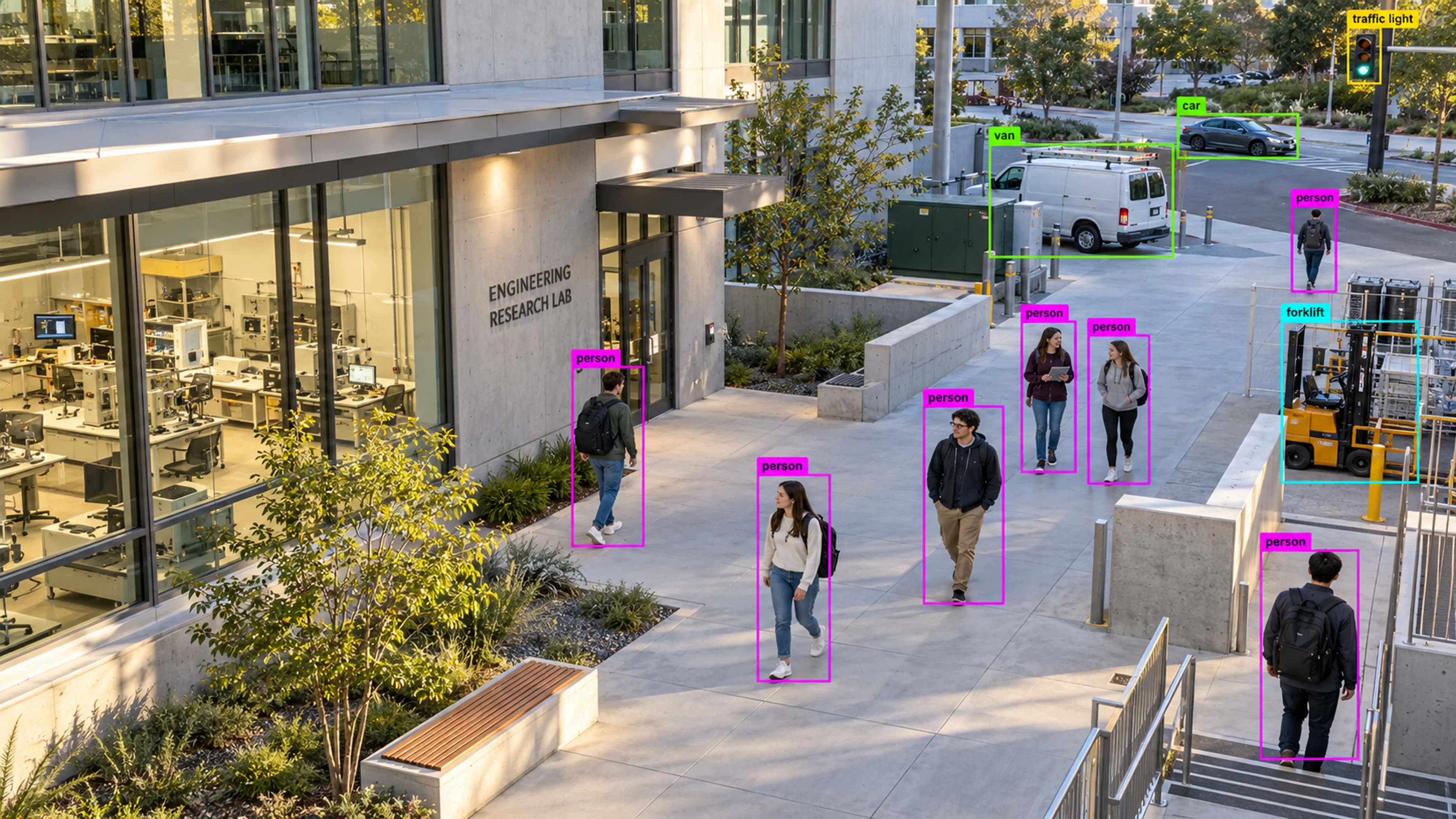 University campus shared area with adult students. Illustrative object detections.