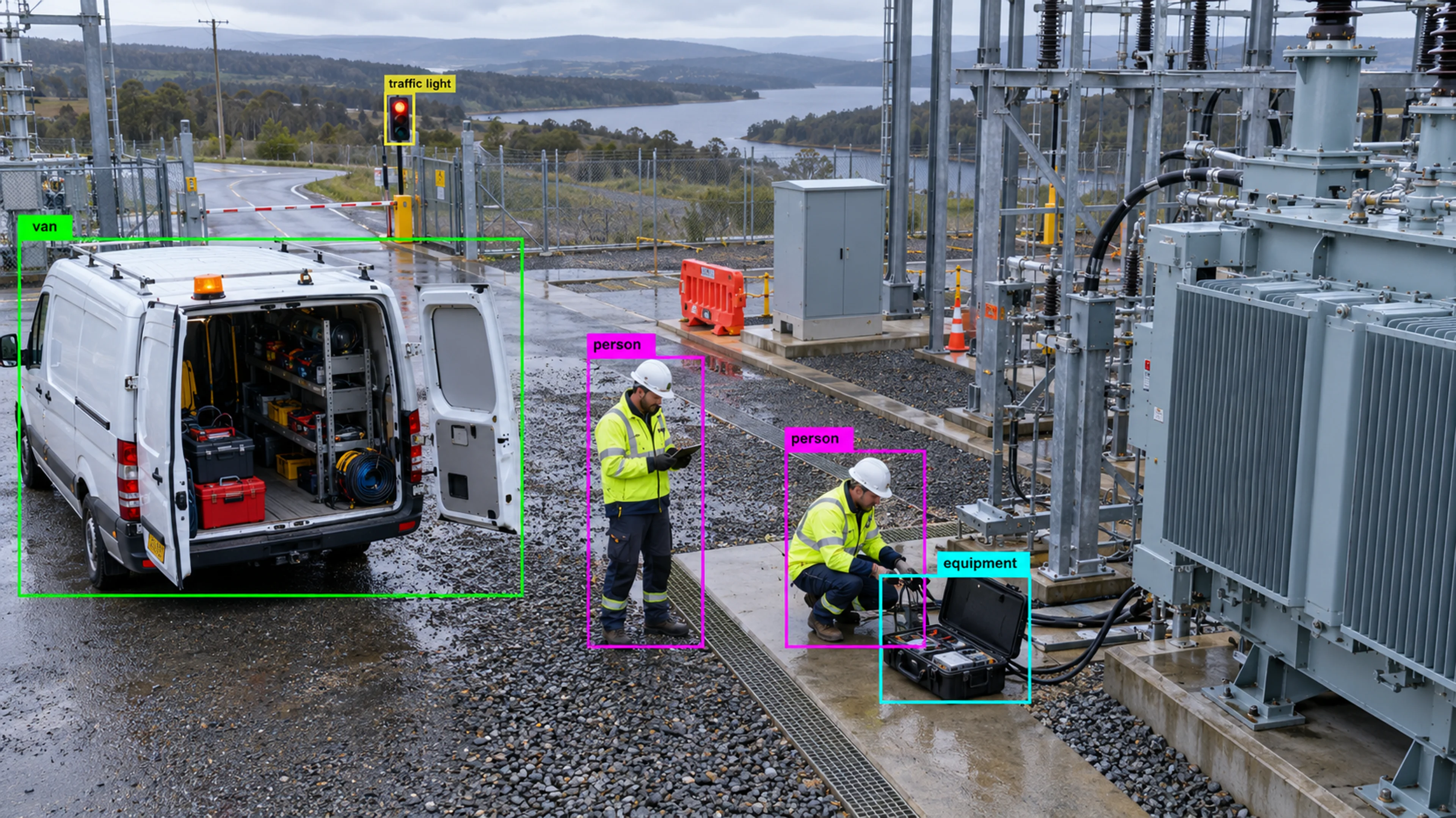 Energy facility with utility infrastructure and maintenance access. Illustrative object detections.