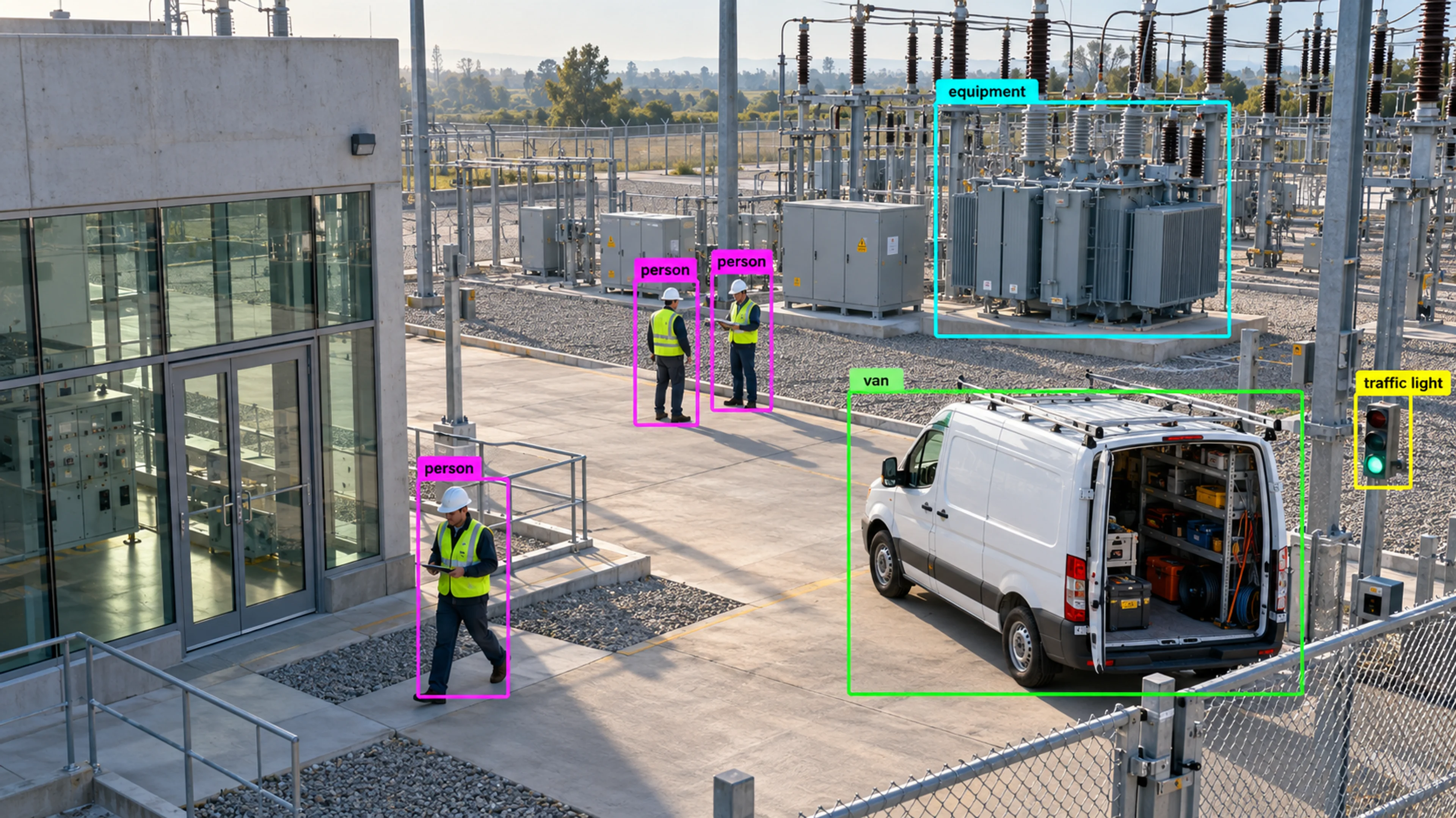 Energy facility with utility infrastructure and maintenance access. Illustrative object detections.