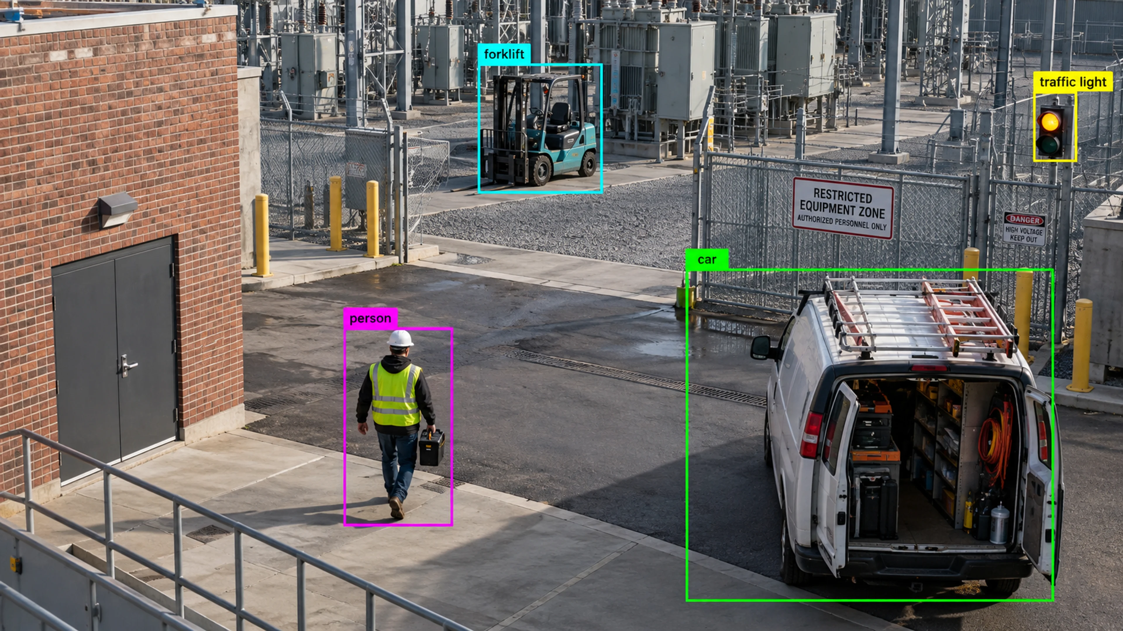 Energy facility with utility infrastructure and maintenance access. Illustrative object detections.