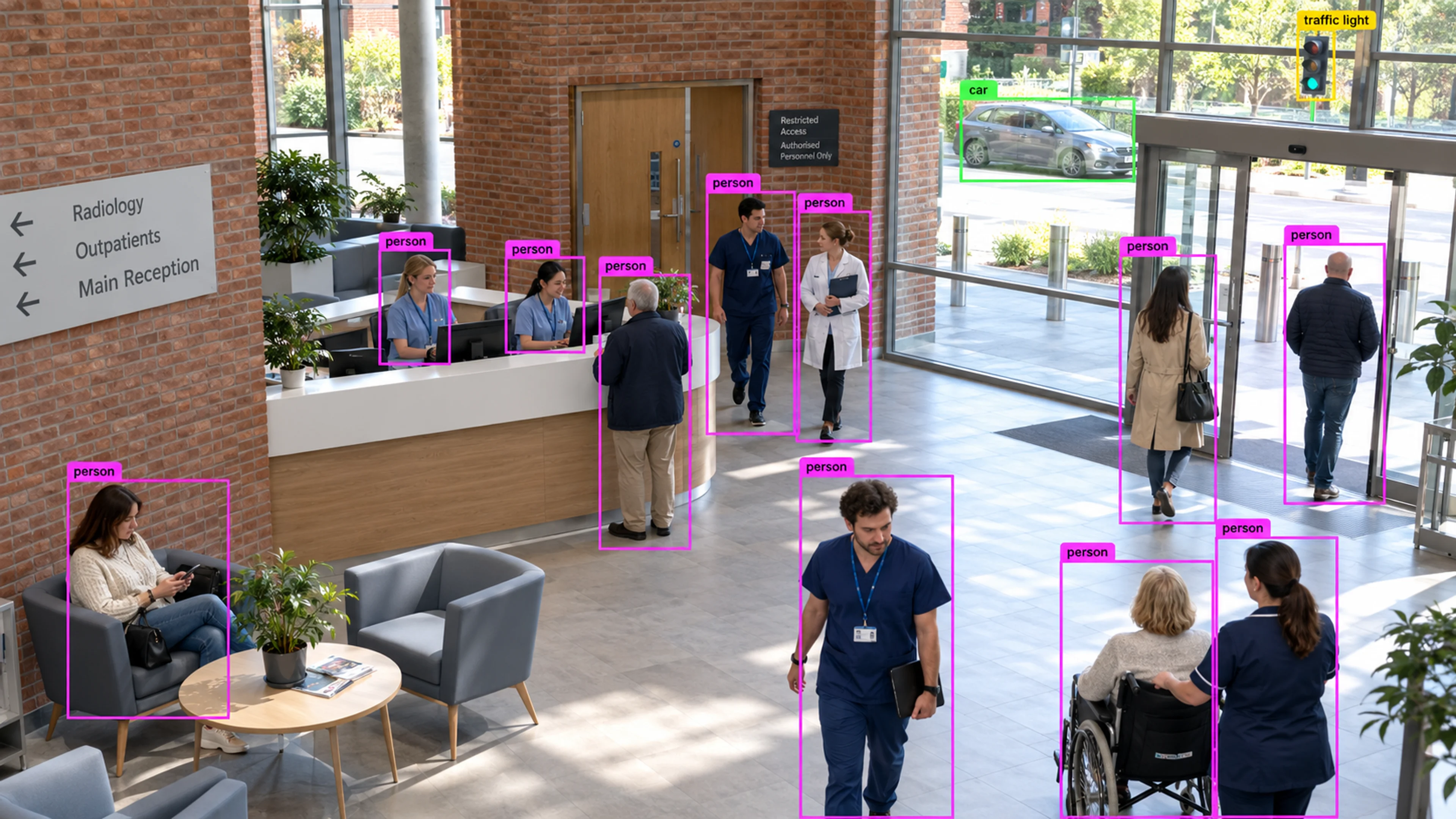 Hospital public circulation area with staff and visitors. Illustrative object detections.