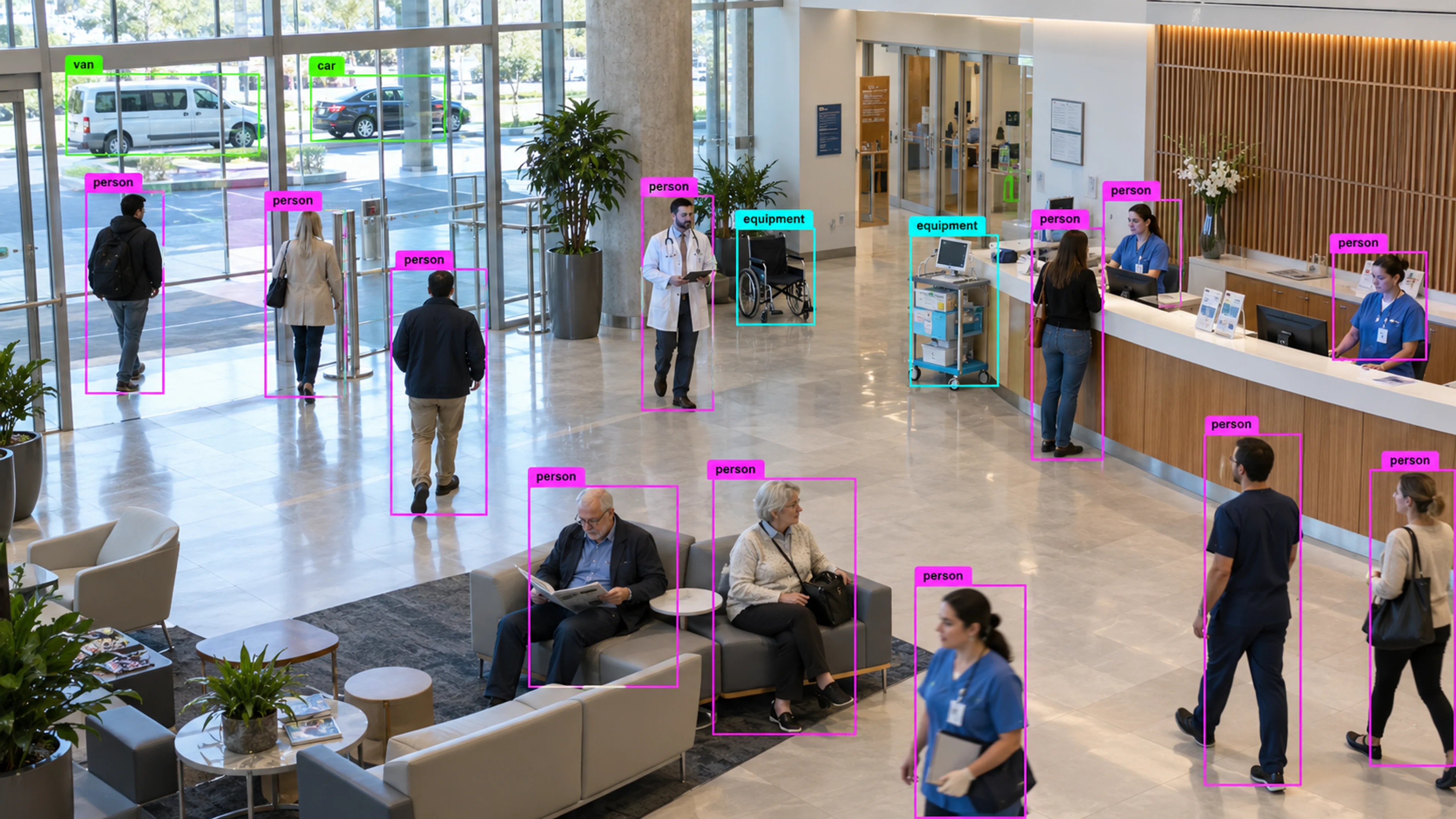 Hospital public circulation area with staff and visitors. Illustrative object detections.