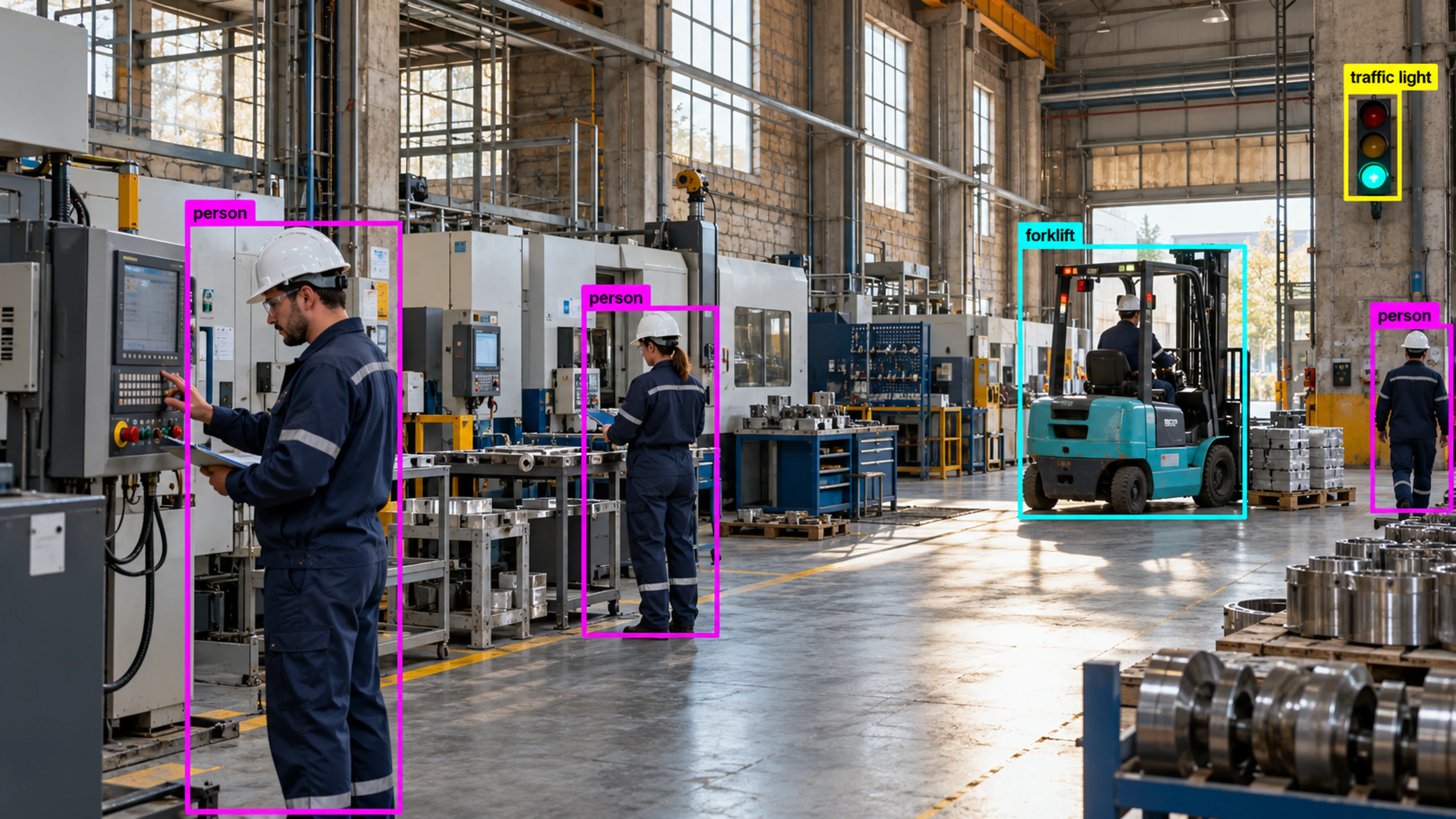 Factory production area with technicians and industrial machinery. Illustrative object detections.
