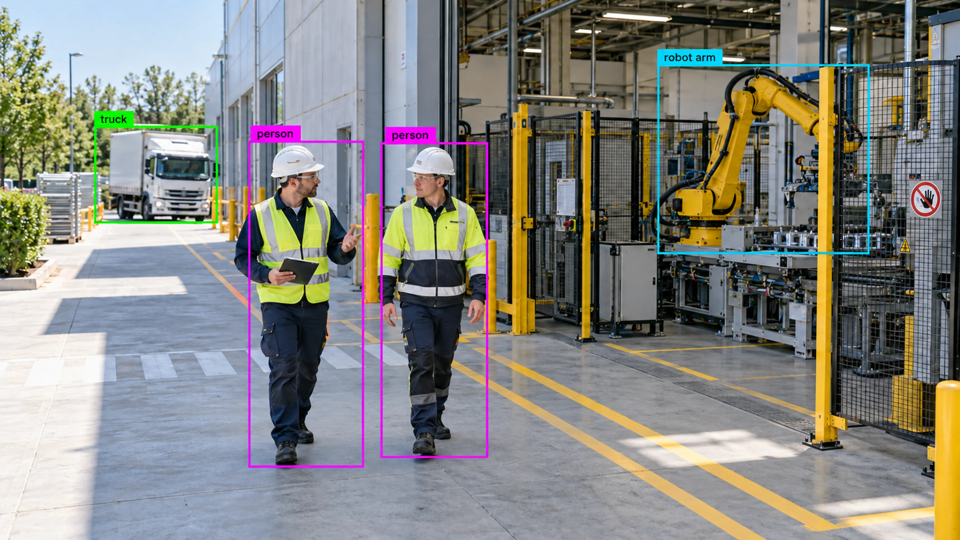 Factory production area with technicians and industrial machinery. Illustrative object detections.