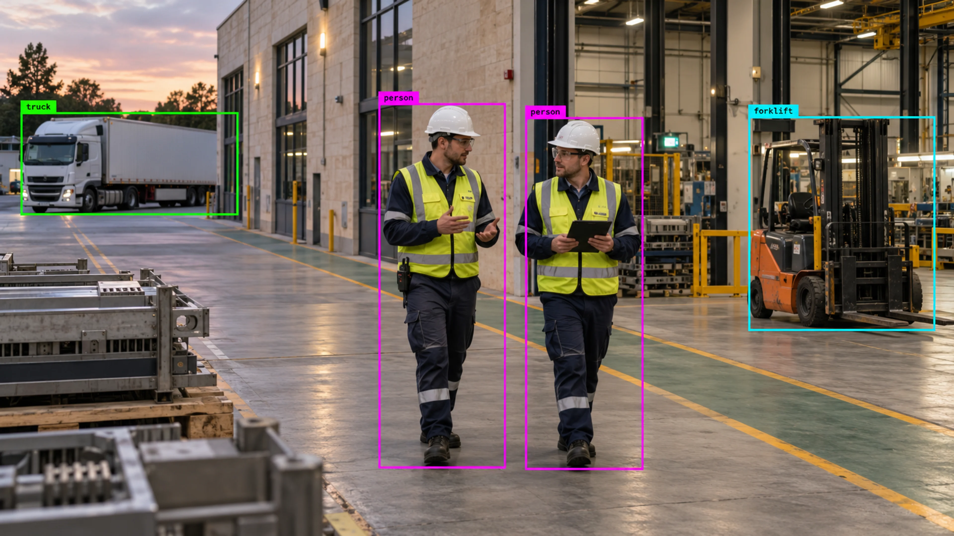 Factory production area with technicians and industrial machinery. Illustrative object detections.