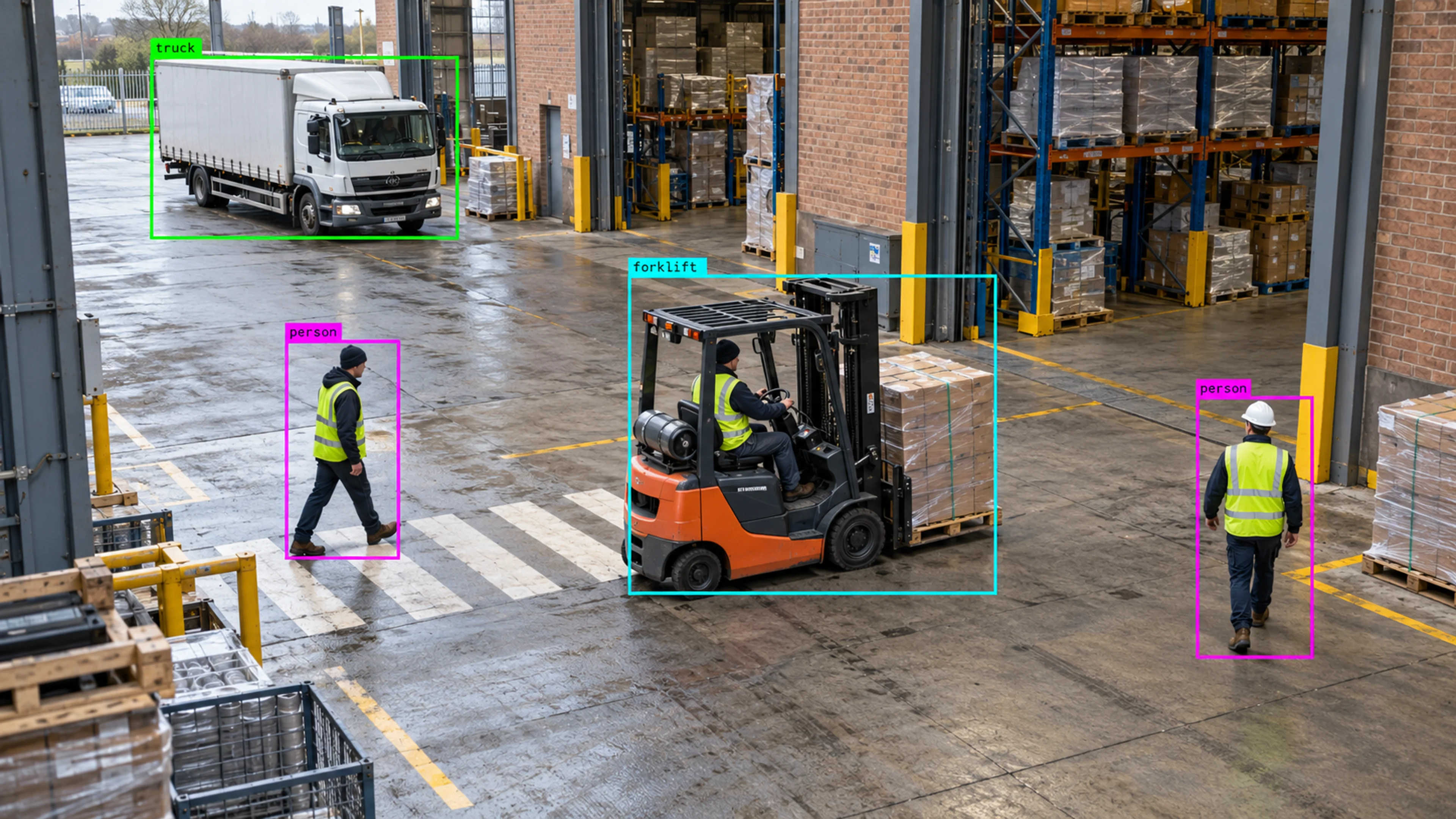 Warehouse loading area with workers, storage and a forklift. Illustrative object detections.