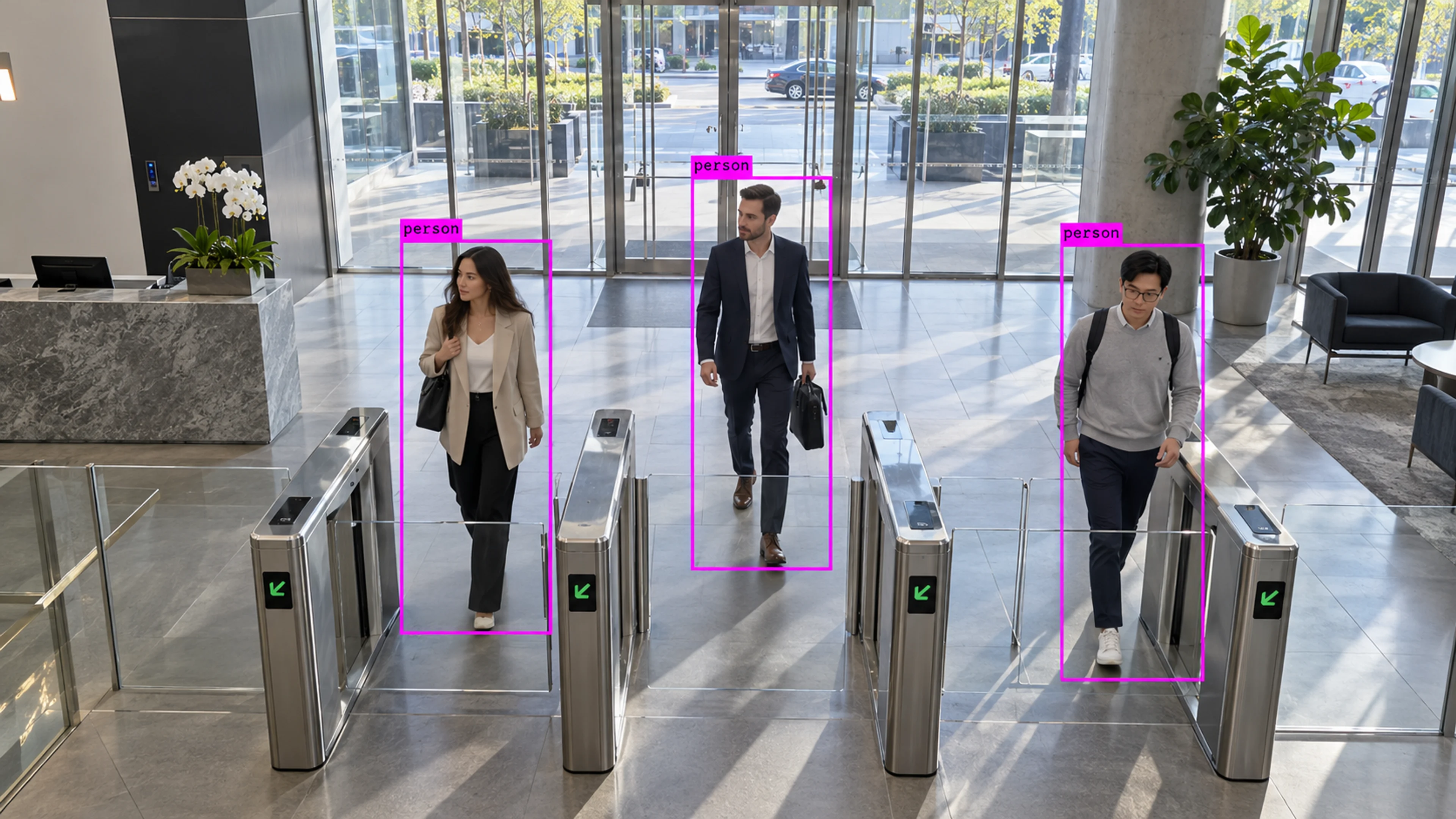 Commercial building circulation area with people walking through the entrance. Illustrative object detections.