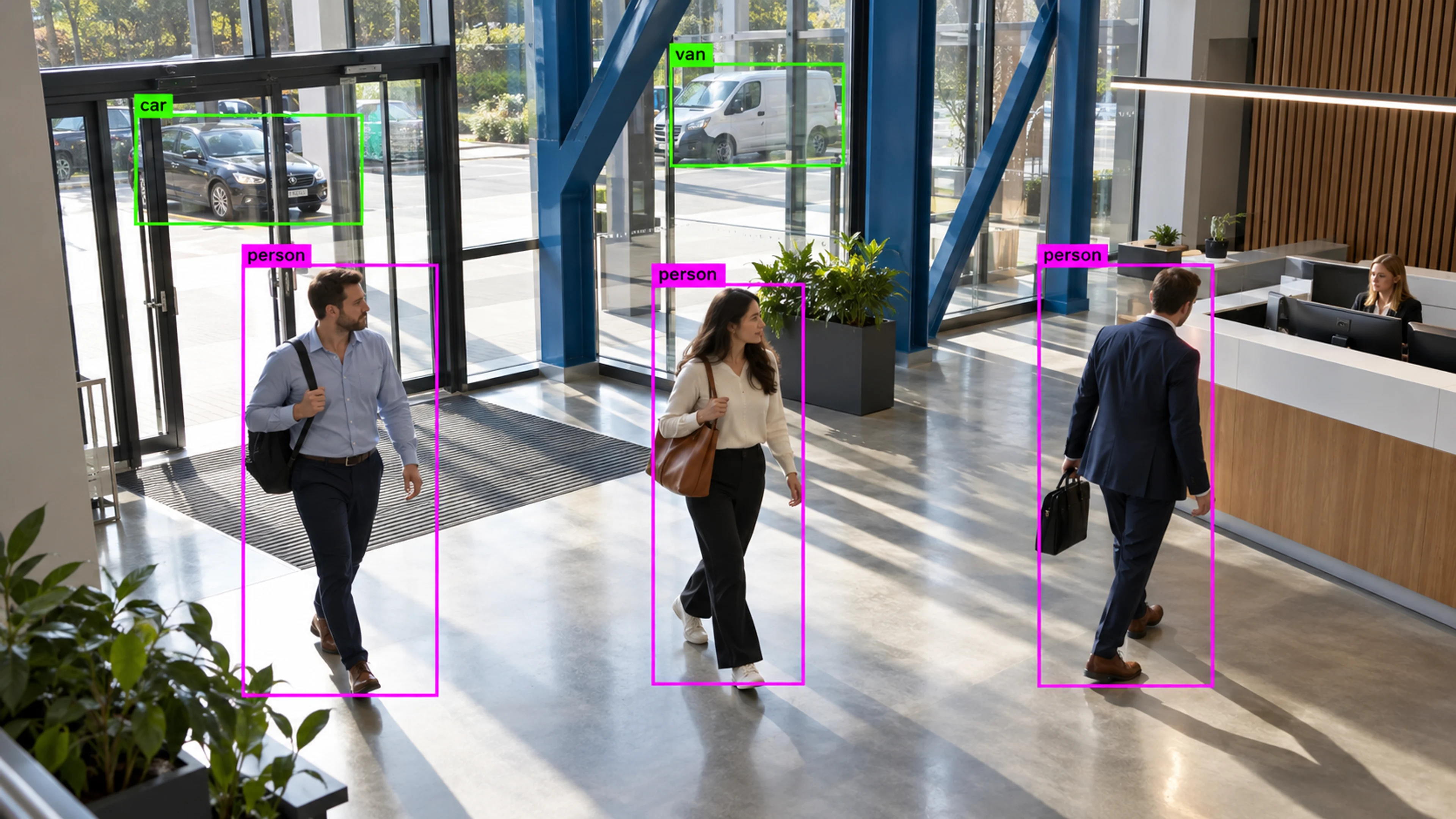Commercial building circulation area with people walking through the entrance. Illustrative object detections.