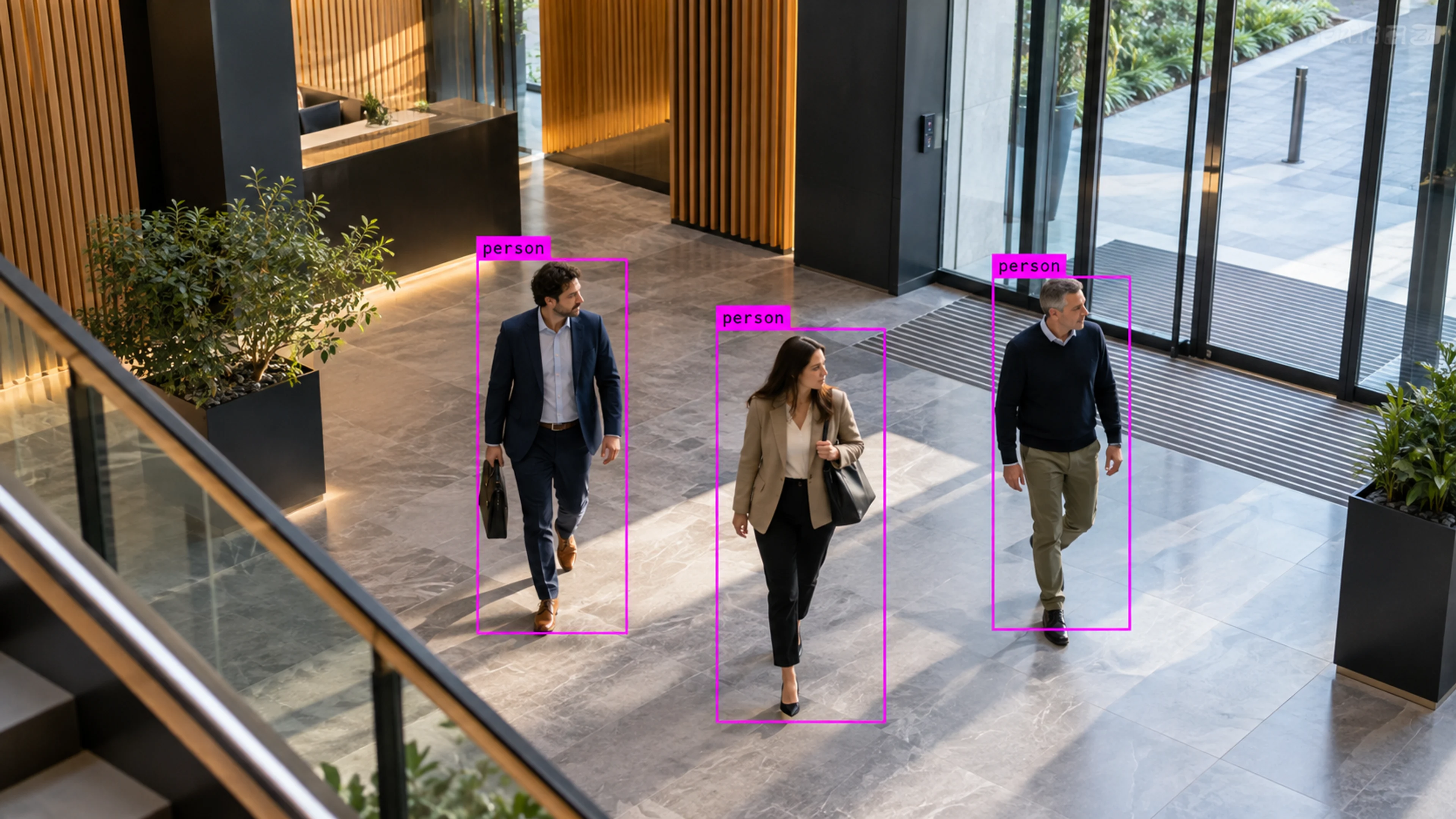 Commercial building circulation area with people walking through the entrance. Illustrative object detections.