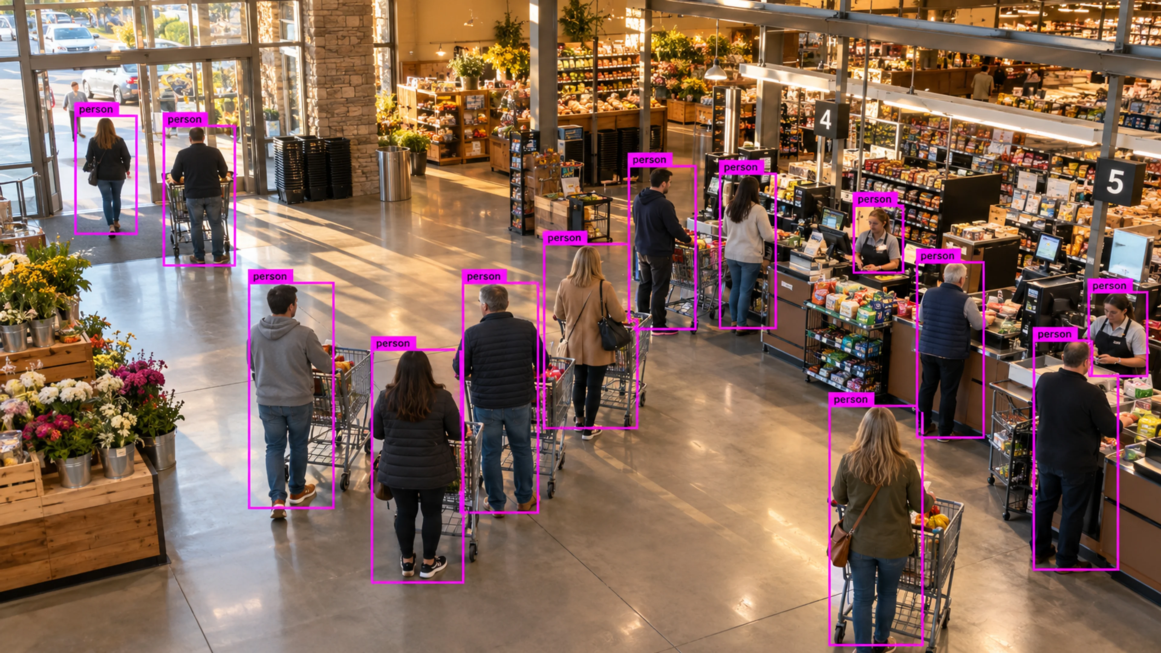Retail store with shoppers near checkout and stocked aisles. Illustrative object detections.