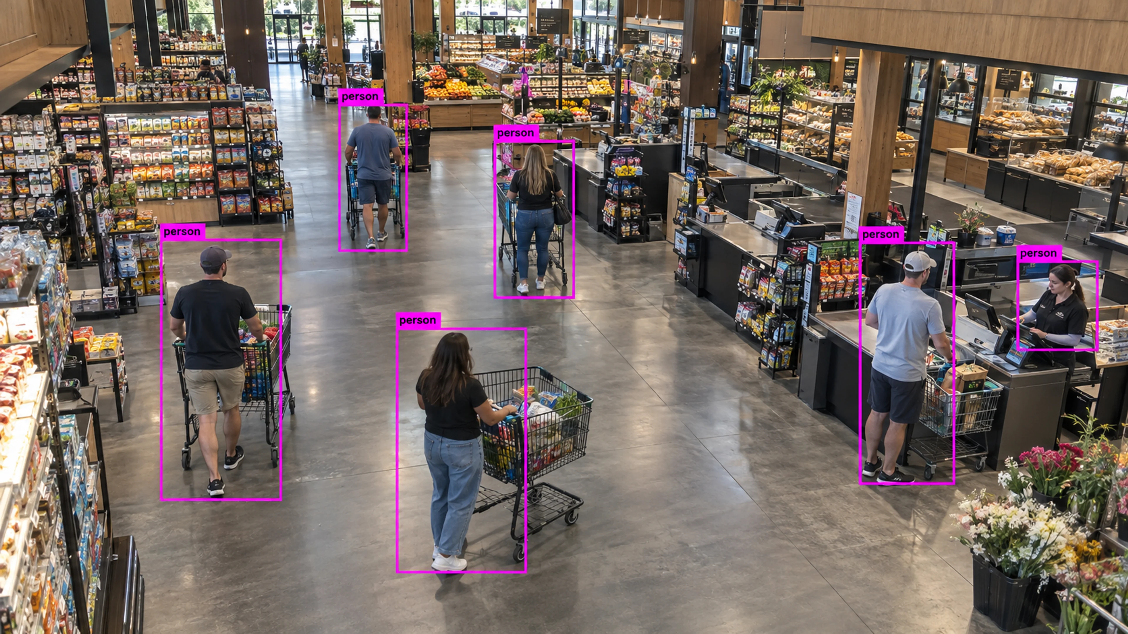 Retail store with shoppers near checkout and stocked aisles. Illustrative object detections.