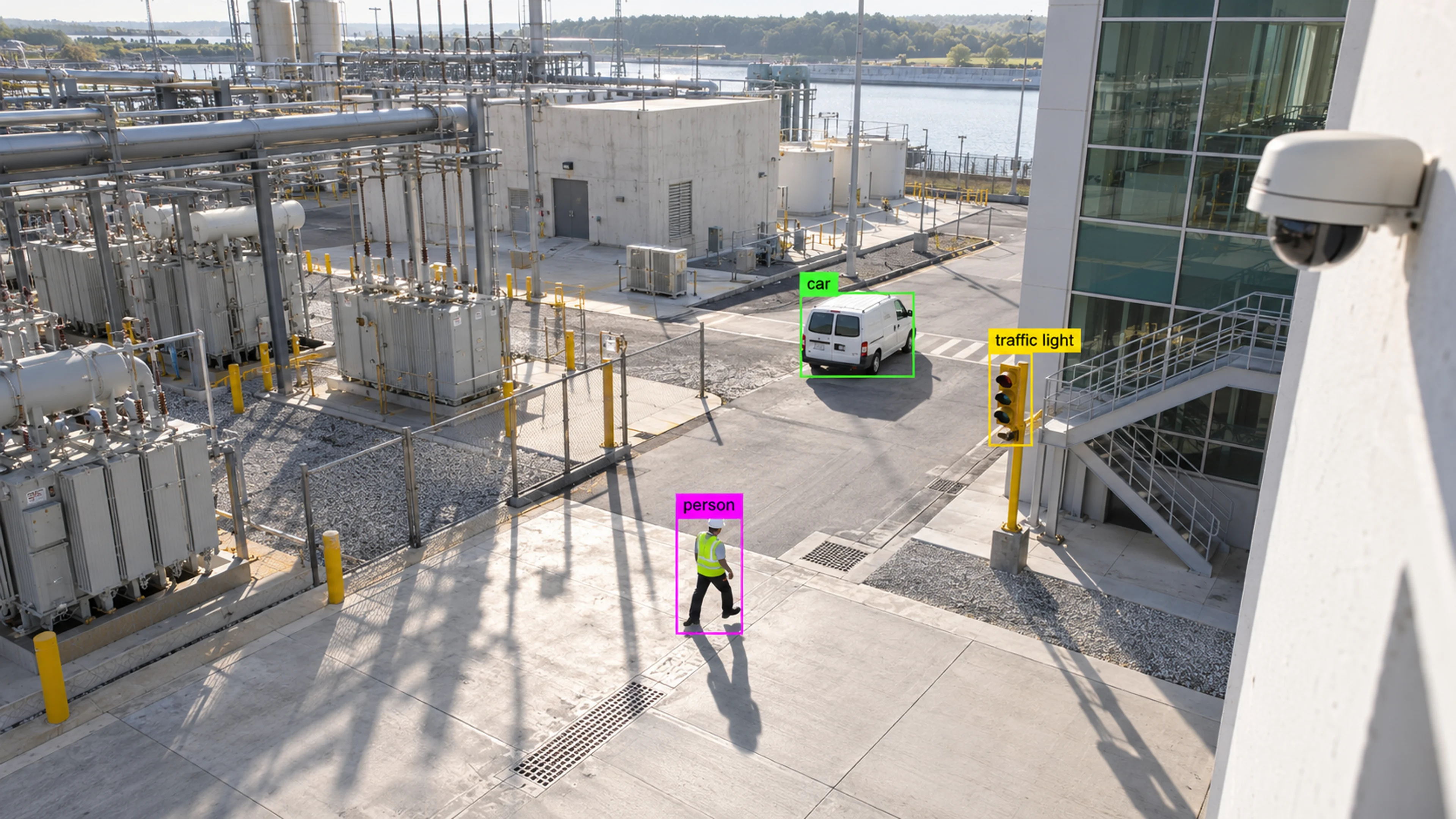 Energy facility with utility infrastructure and maintenance access. Illustrative object detections.