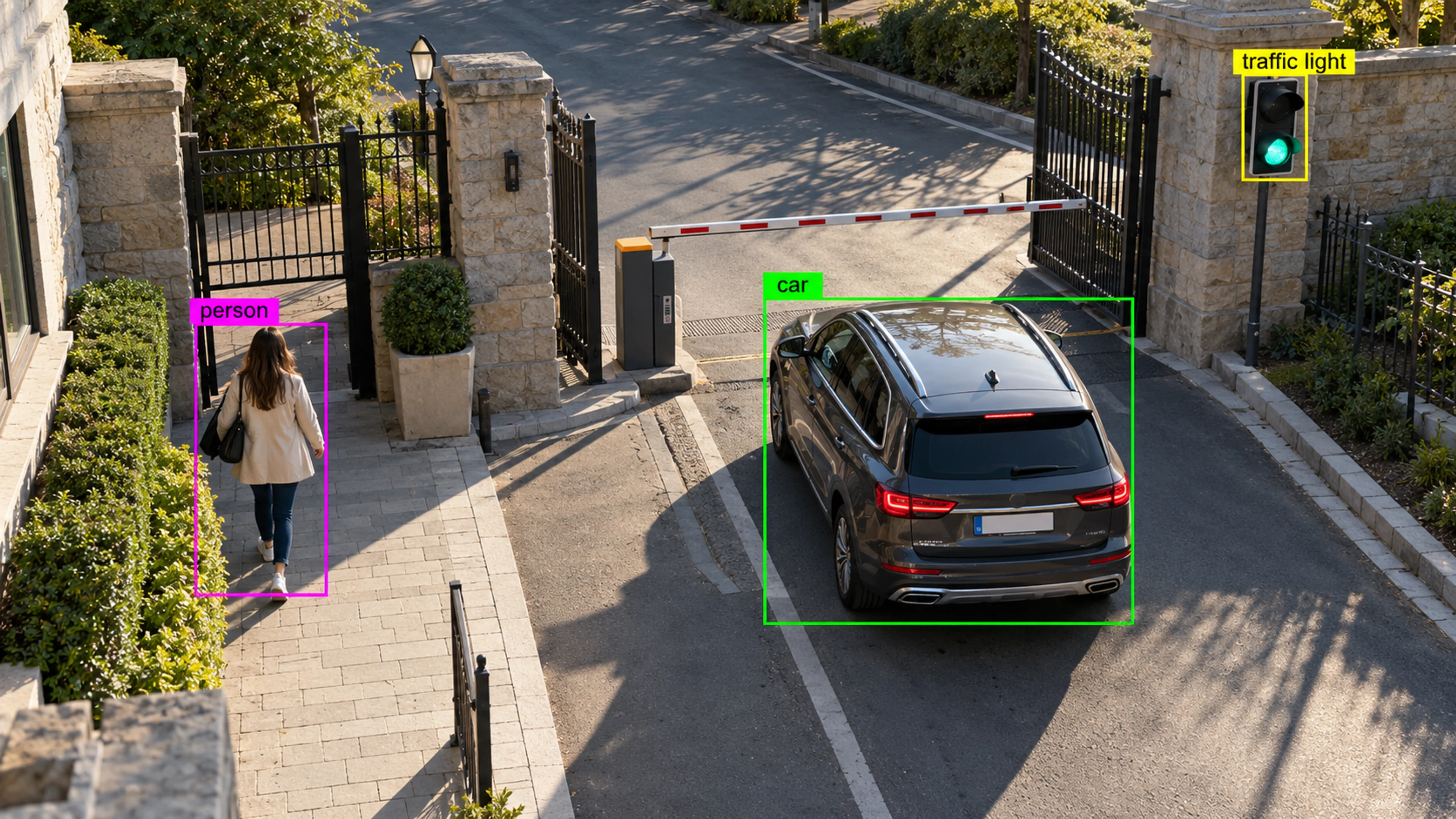 Vehicle access area with cars and a separate pedestrian route. Illustrative object detections.