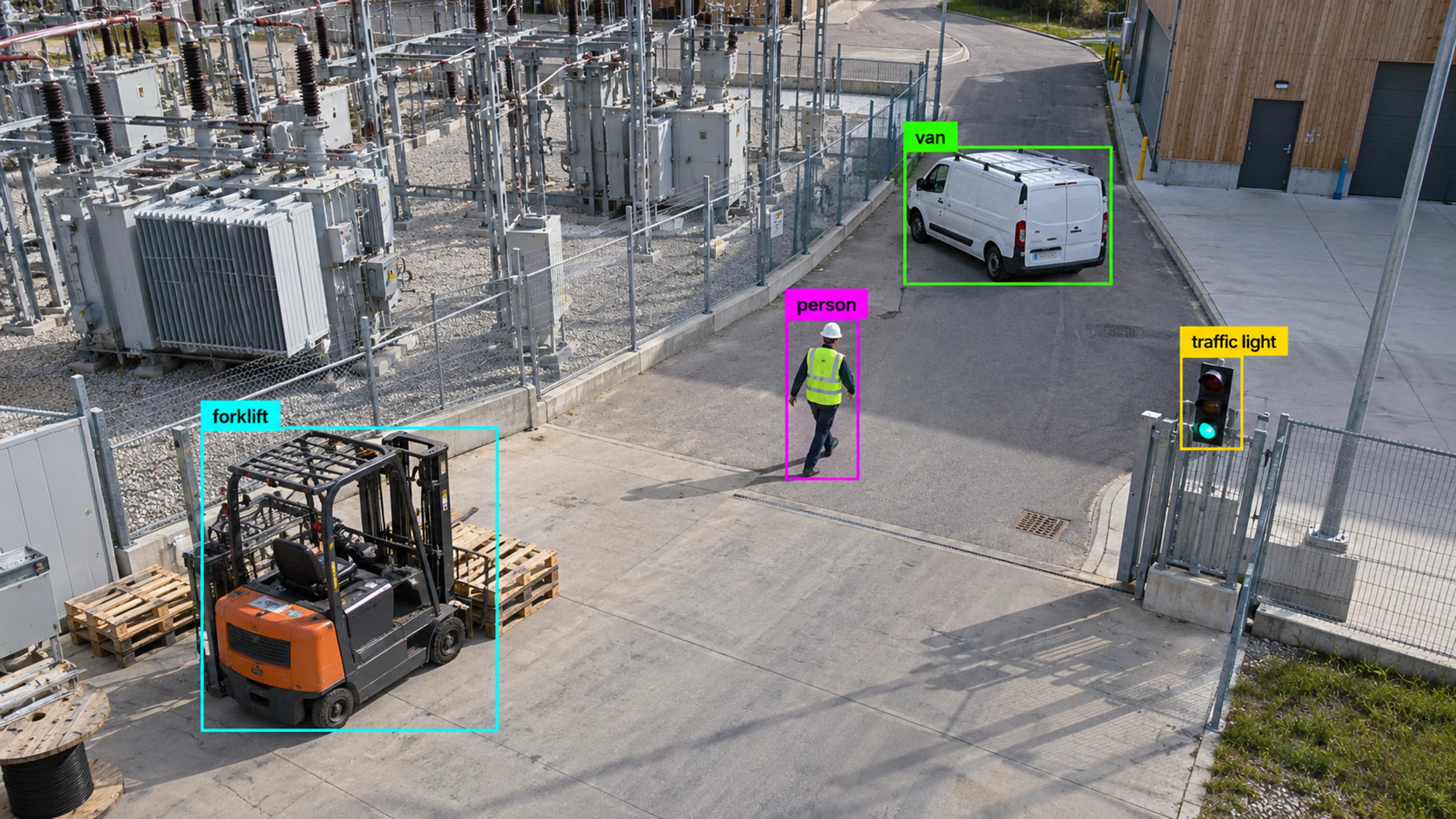 Energy facility with utility infrastructure and maintenance access. Illustrative object detections.